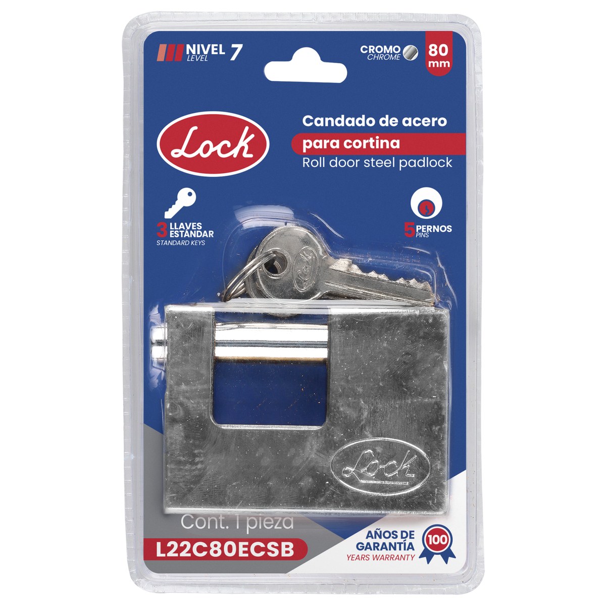 Candado de acero para cortina metálica 80 mm, cromo satinado, llave estándar Lock - Imagen 2