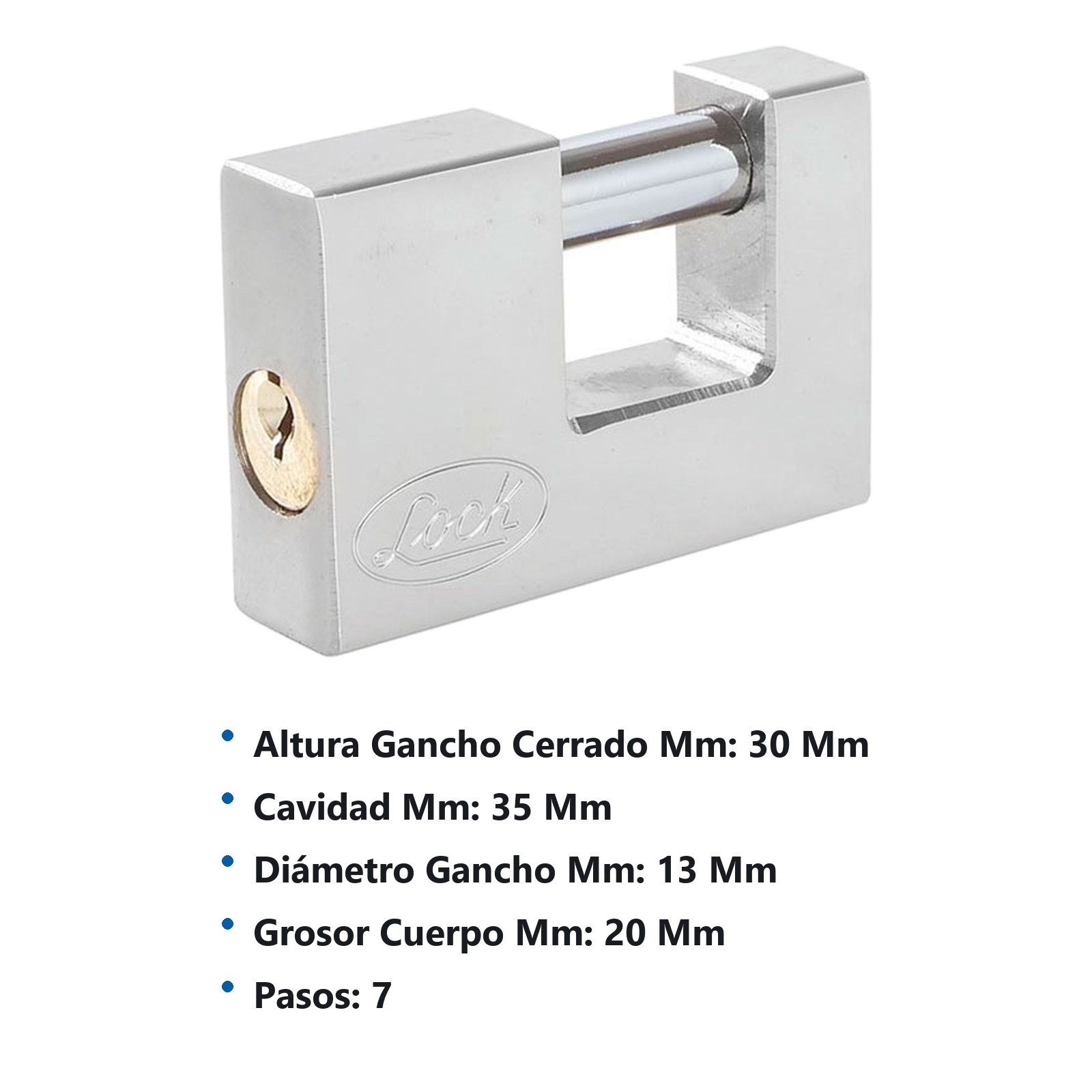 Candado de acero para cortina metálica 80 mm, cromo satinado, llave estándar Lock - Imagen 3