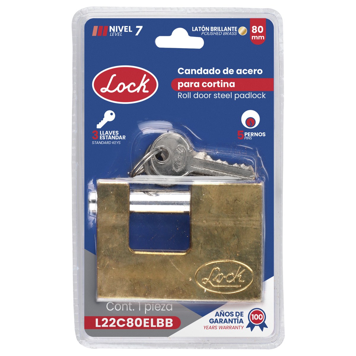 Candado de acero para cortina metálica 80 mm, latón brillante, llave estándar Lock - Imagen 3