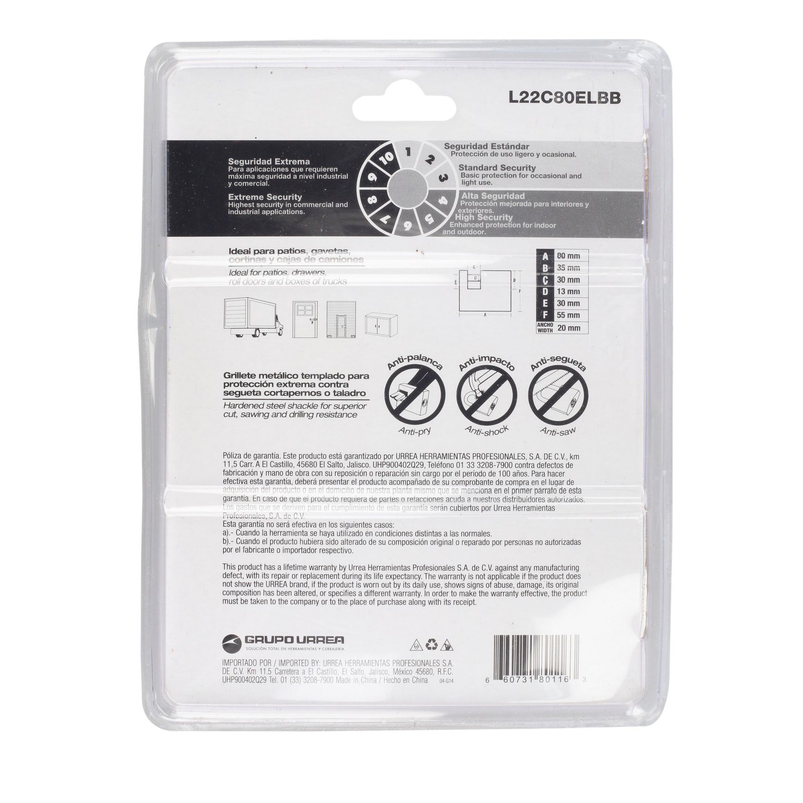 Candado de acero para cortina metálica 80 mm, latón brillante, llave estándar Lock - Imagen 4