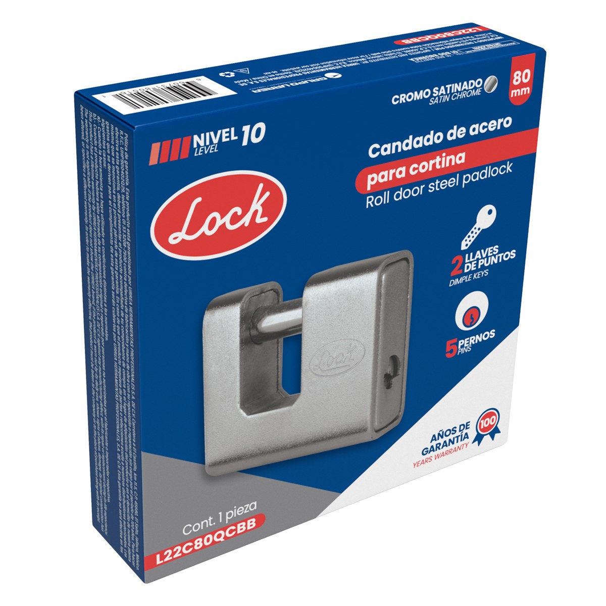 Candado de acero para cortina metálica 80 mm, niquel satinado, llave de puntos Lock - Imagen 3