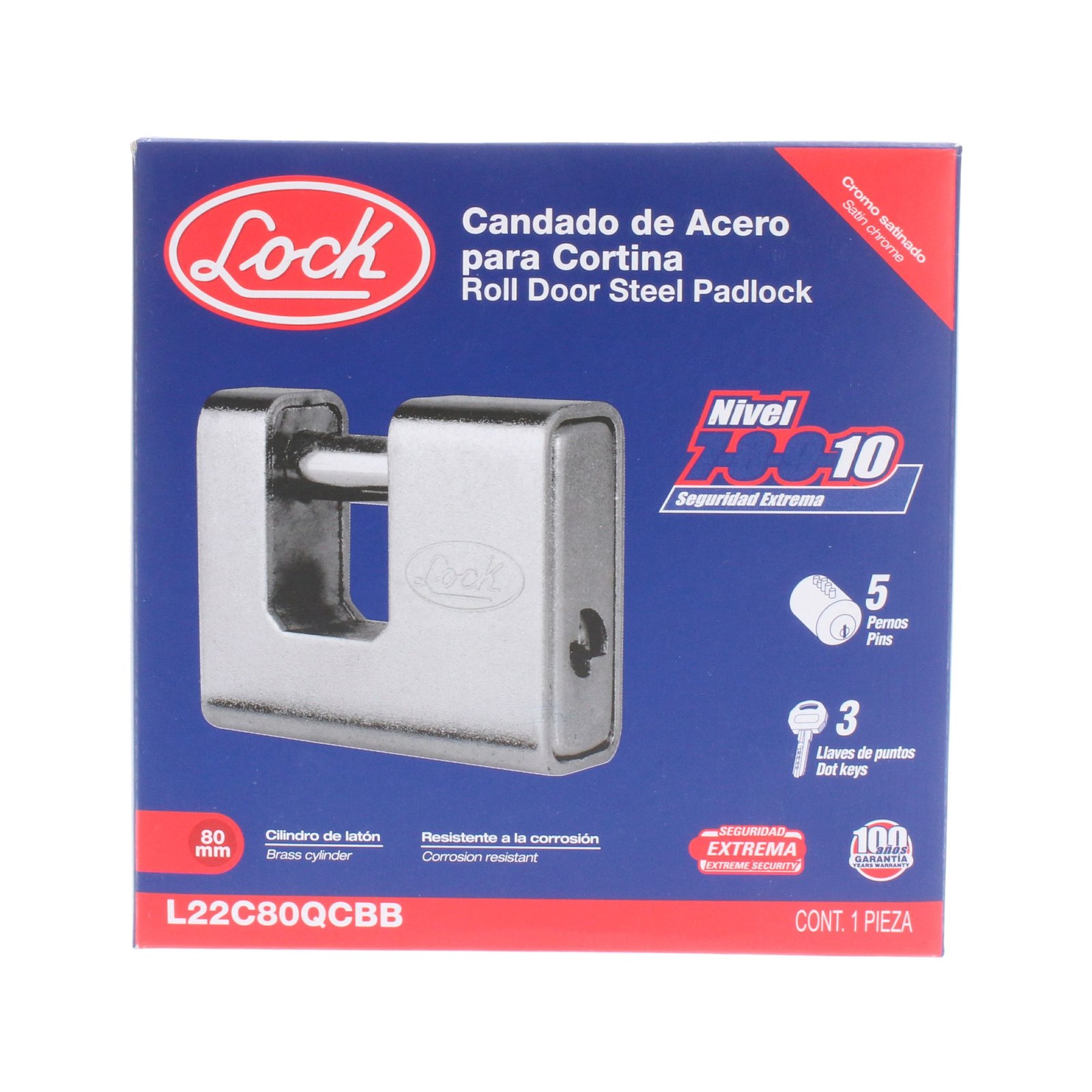 Candado de acero para cortina metálica 80 mm, niquel satinado, llave de puntos Lock - Imagen 4