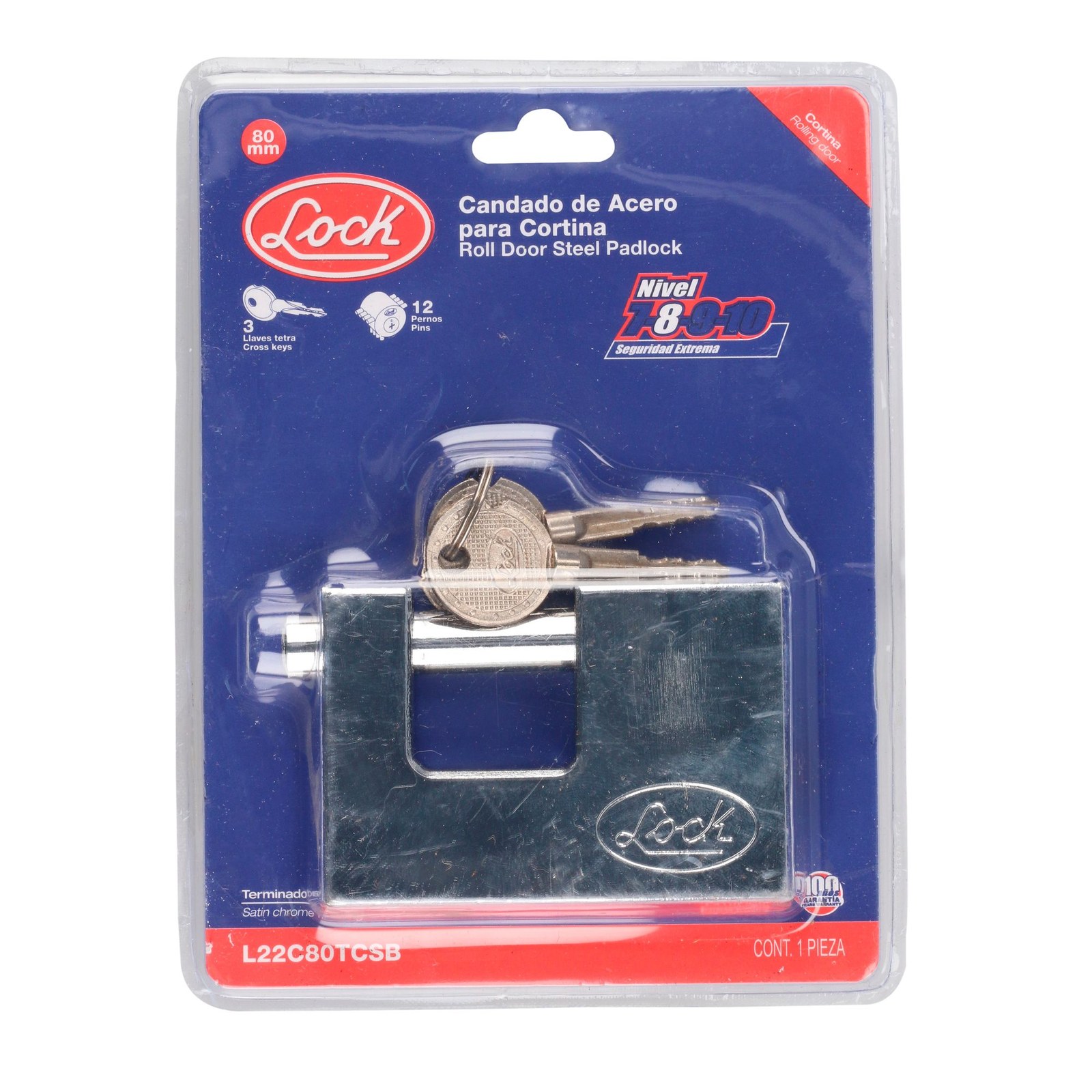 Candado de acero para cortina metálica 80 mm, cromo satinado, llave tetra Lock - Imagen 3