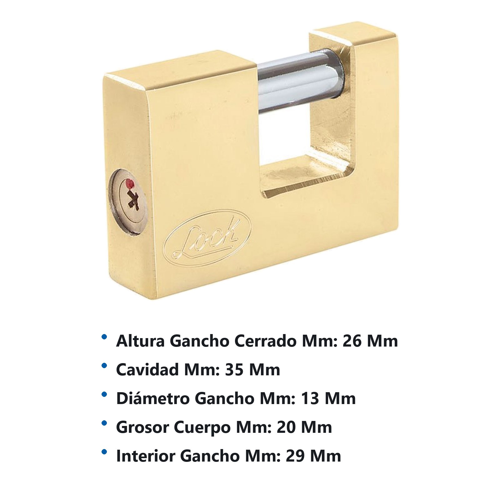 Candado de acero para cortina metálica 80 mm, latón brillante, llave tetra Lock - Imagen 2