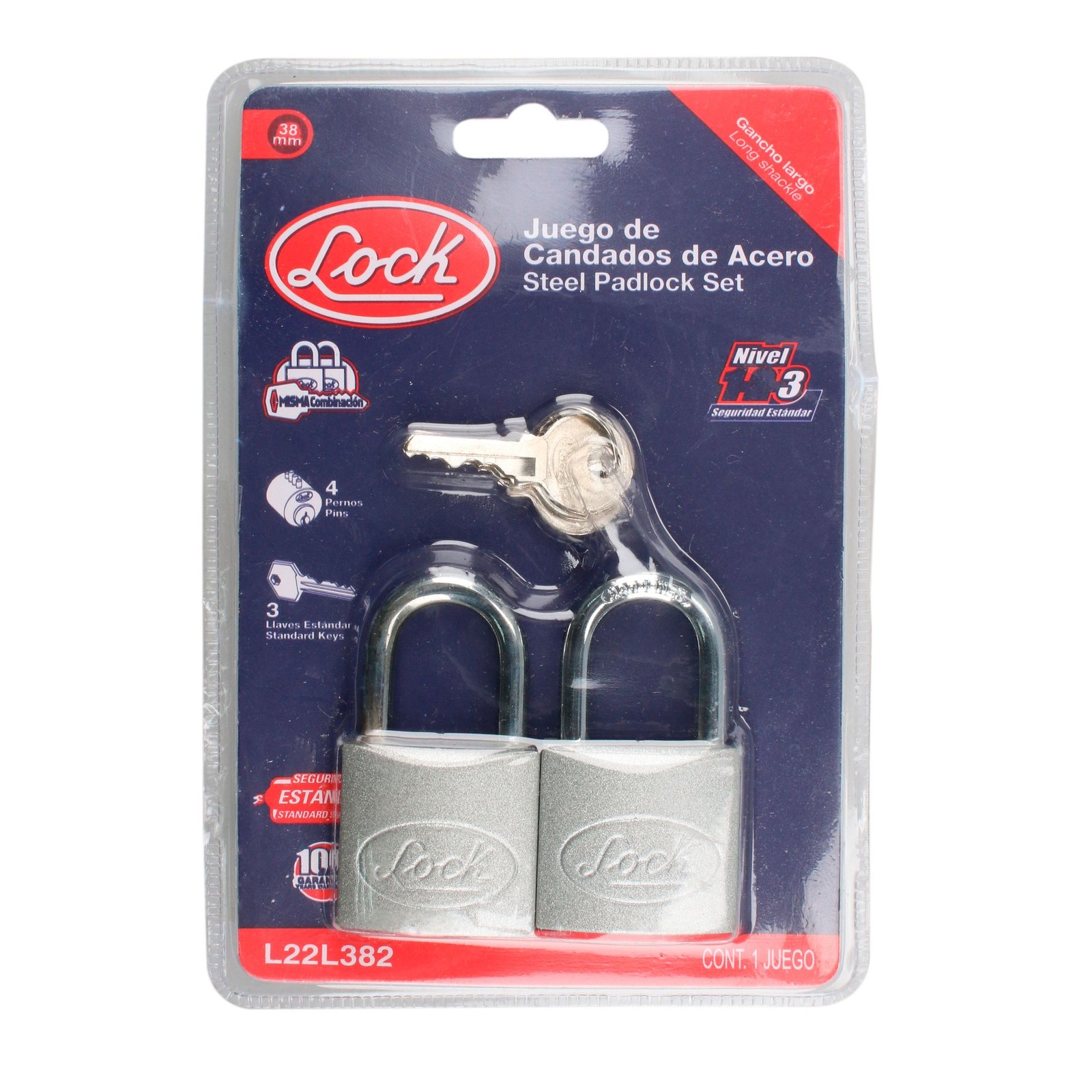 Juego de candados de acero largos 38 mm, llave estándar, 2 piezas Lock - Imagen 3