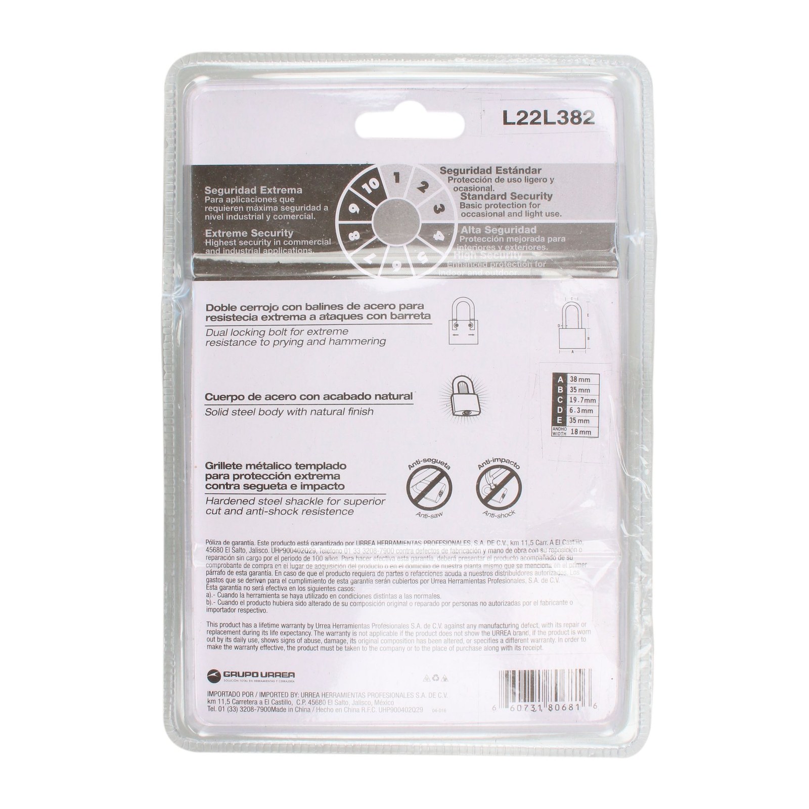 Juego de candados de acero largos 38 mm, llave estándar, 2 piezas Lock - Imagen 4
