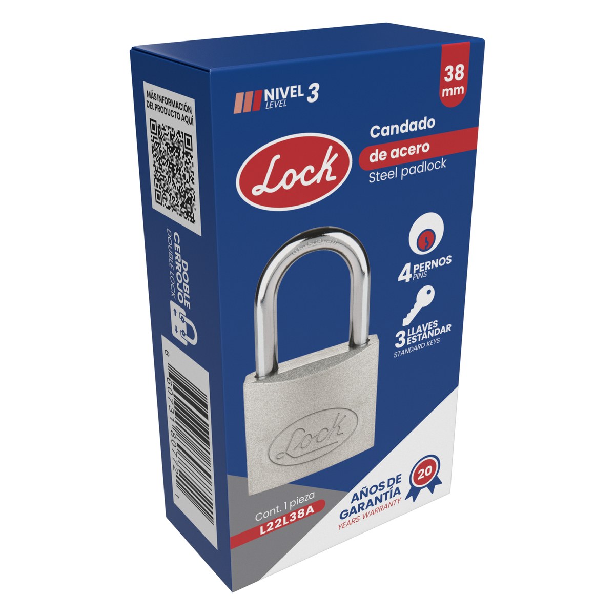 Candado de acero largo 38 mm, llave estándar, en caja Lock - Imagen 3