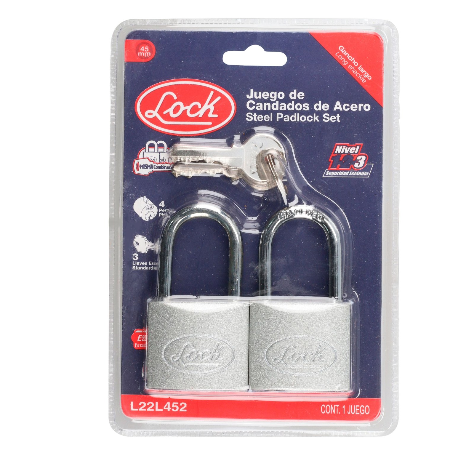 Juego de candados de acero largos 45 mm, llave estándar, 2 piezas Lock - Imagen 3