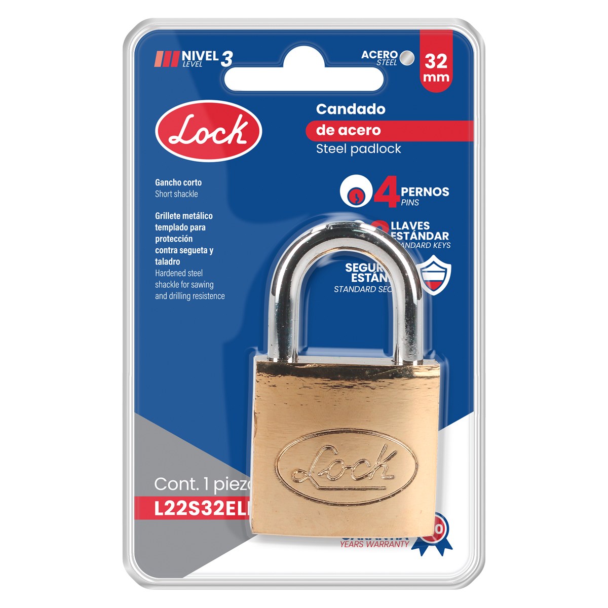 Candado de acero corto 32 mm, acabado latonado, llave estándar Lock - Imagen 3