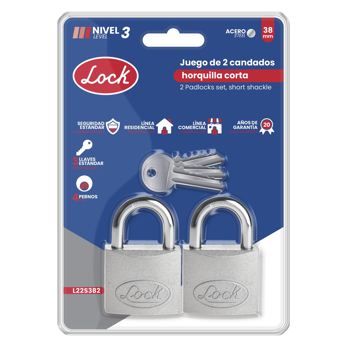 Juego de candados de acero cortos 38 mm, llave estándar, 2 piezas Lock - Imagen 3