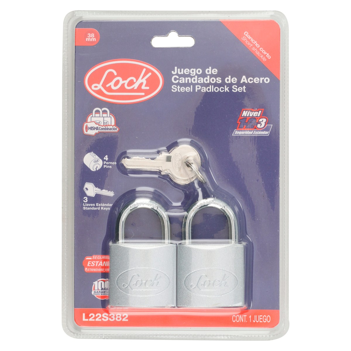 Juego de candados de acero cortos 38 mm, llave estándar, 2 piezas Lock - Imagen 4