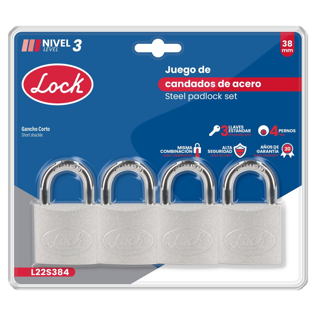 Juego de candados de acero cortos 38 mm, llave estándar, 4 piezas Lock - Imagen 2