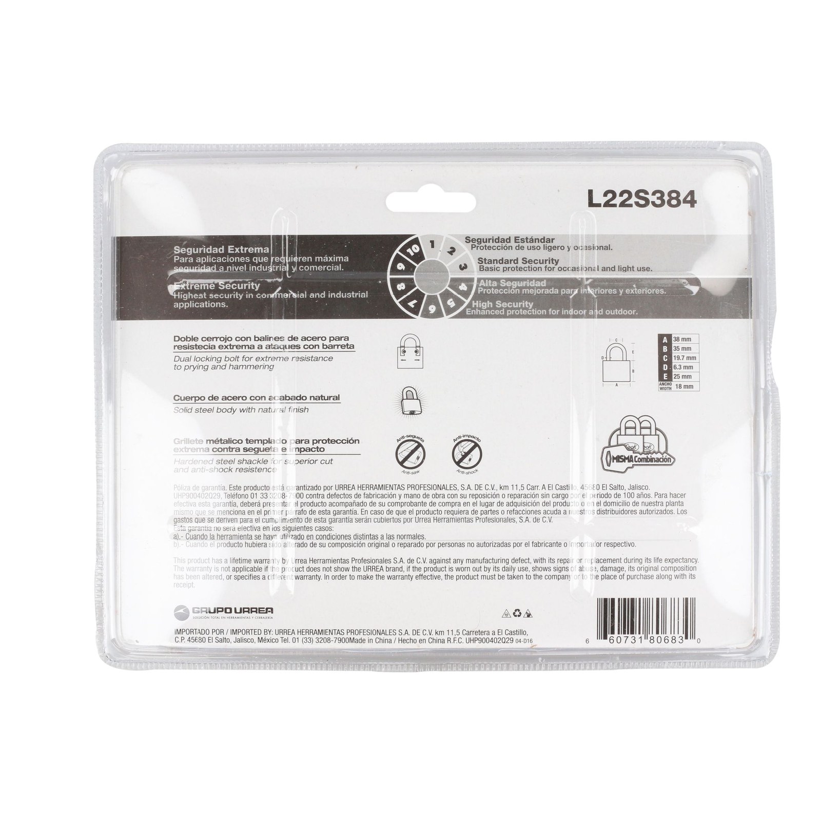 Juego de candados de acero cortos 38 mm, llave estándar, 4 piezas Lock - Imagen 3
