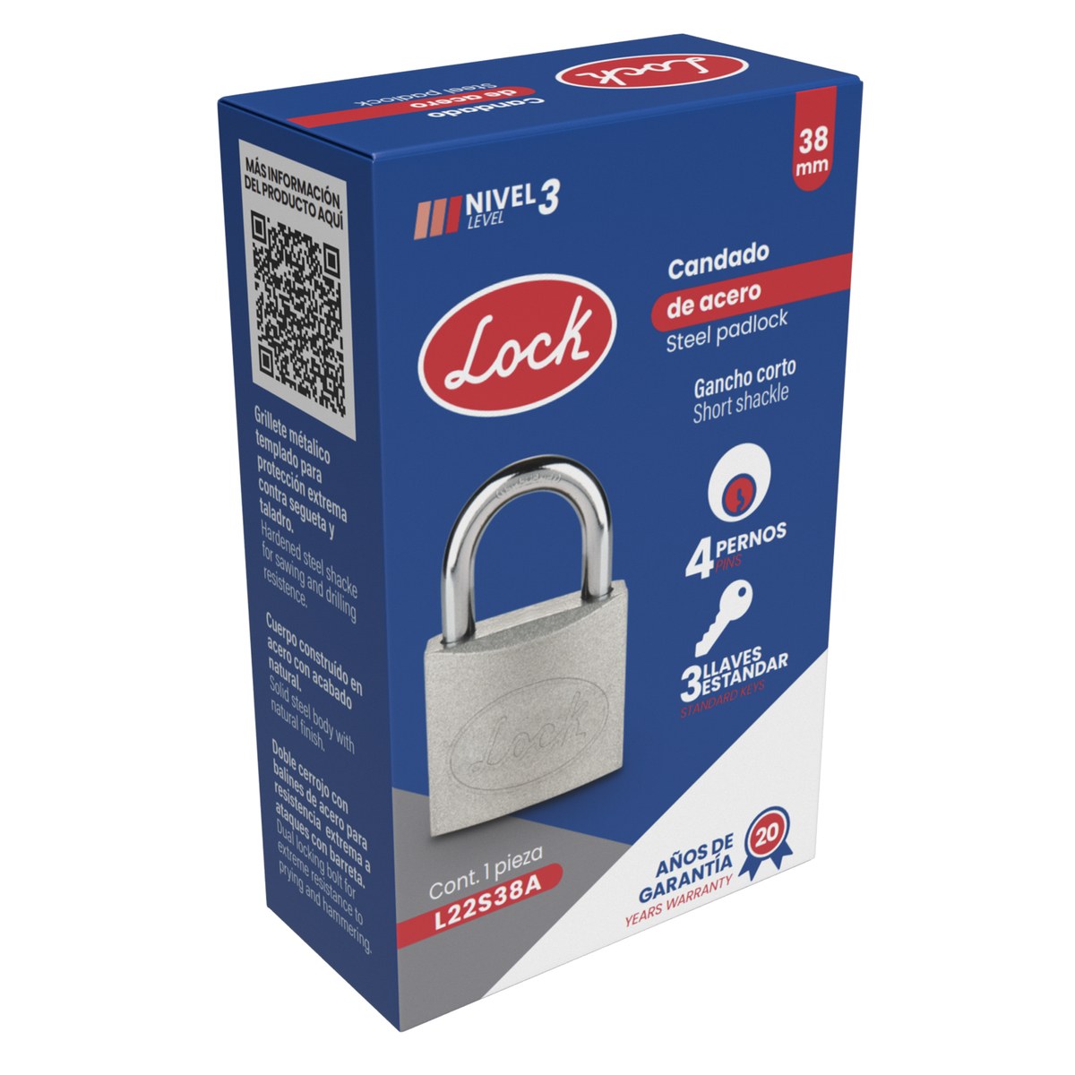 Candado de acero corto 38 mm, llave estándar, en caja Lock - Imagen 2