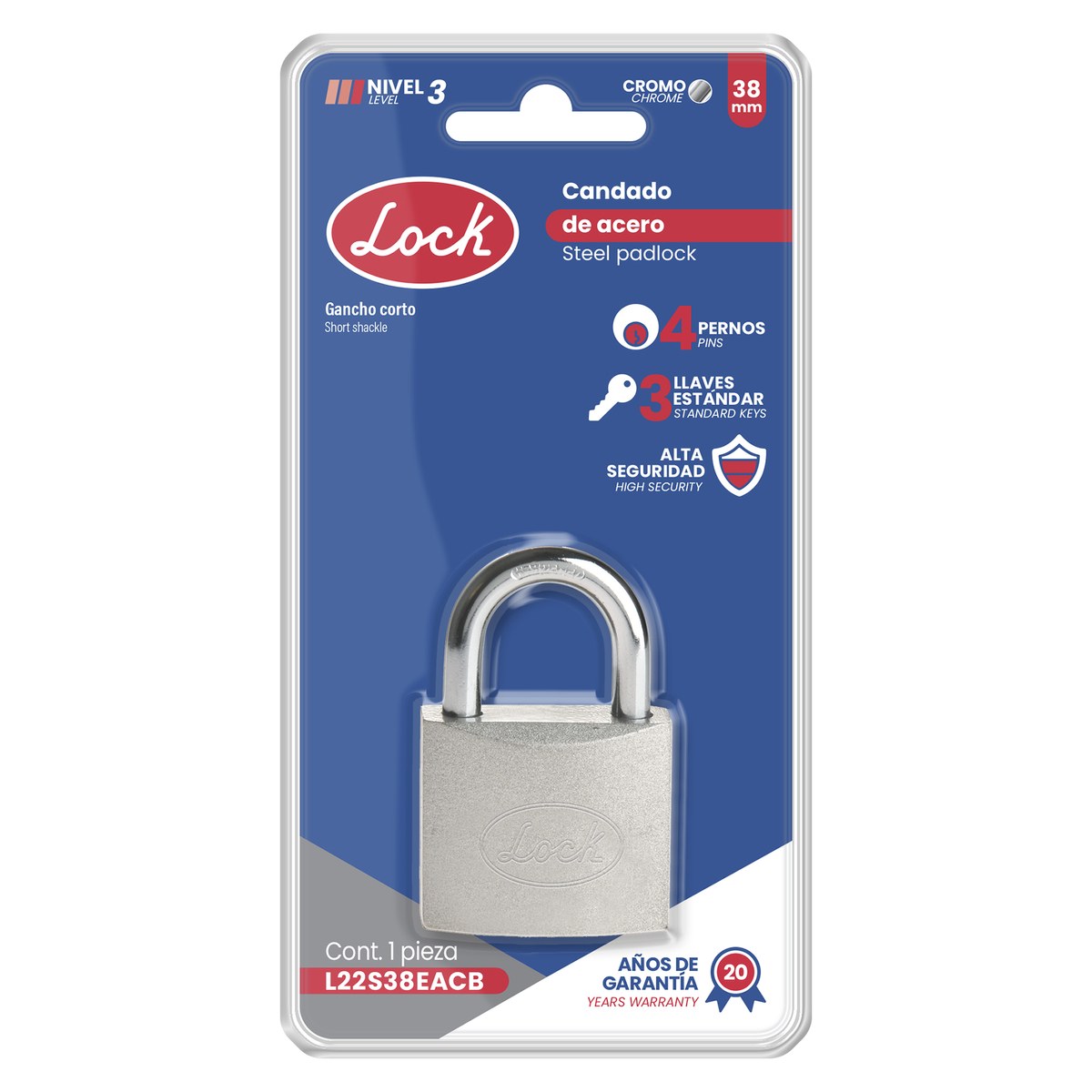 Candado de acero corto 38 mm, llave estándar Lock - Imagen 3