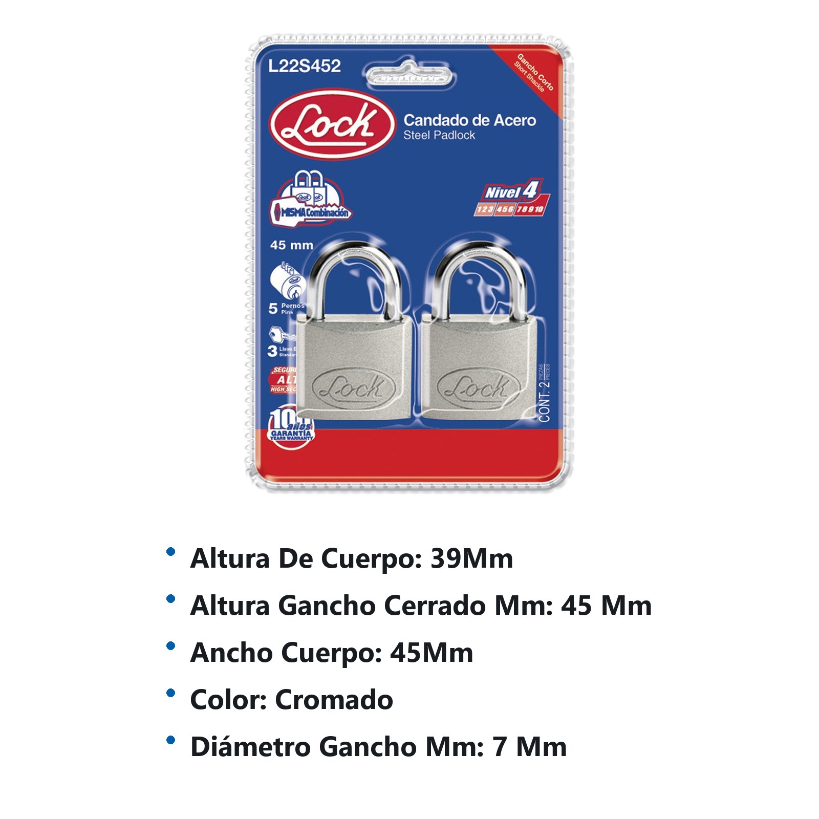 Juego de candados de acero cortos 45 mm, llave estándar, 2 piezas Lock - Imagen 2