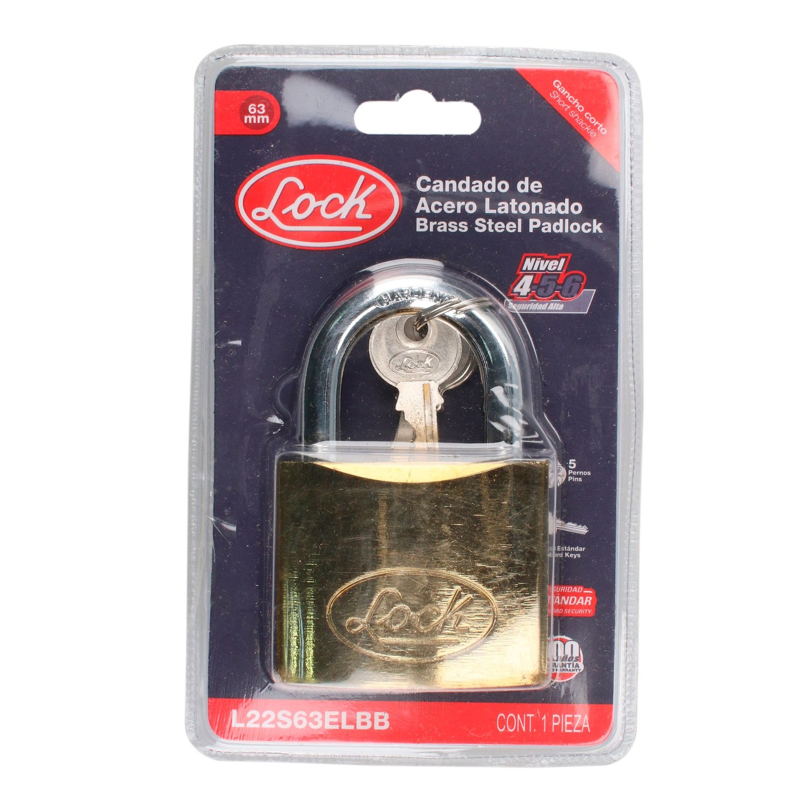 Candado de acero corto 63 mm, acabado latonado, llave estándar Lock - Imagen 3