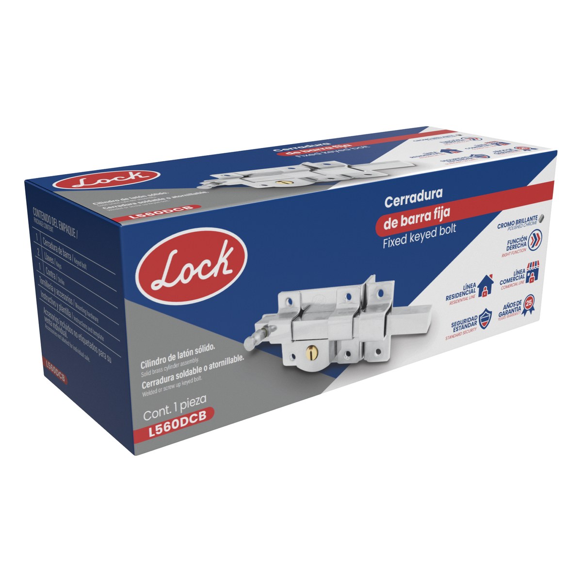 Cerradura de barra fija función derecha, cromo brillante, llave estándar, en caja Lock - Imagen 2