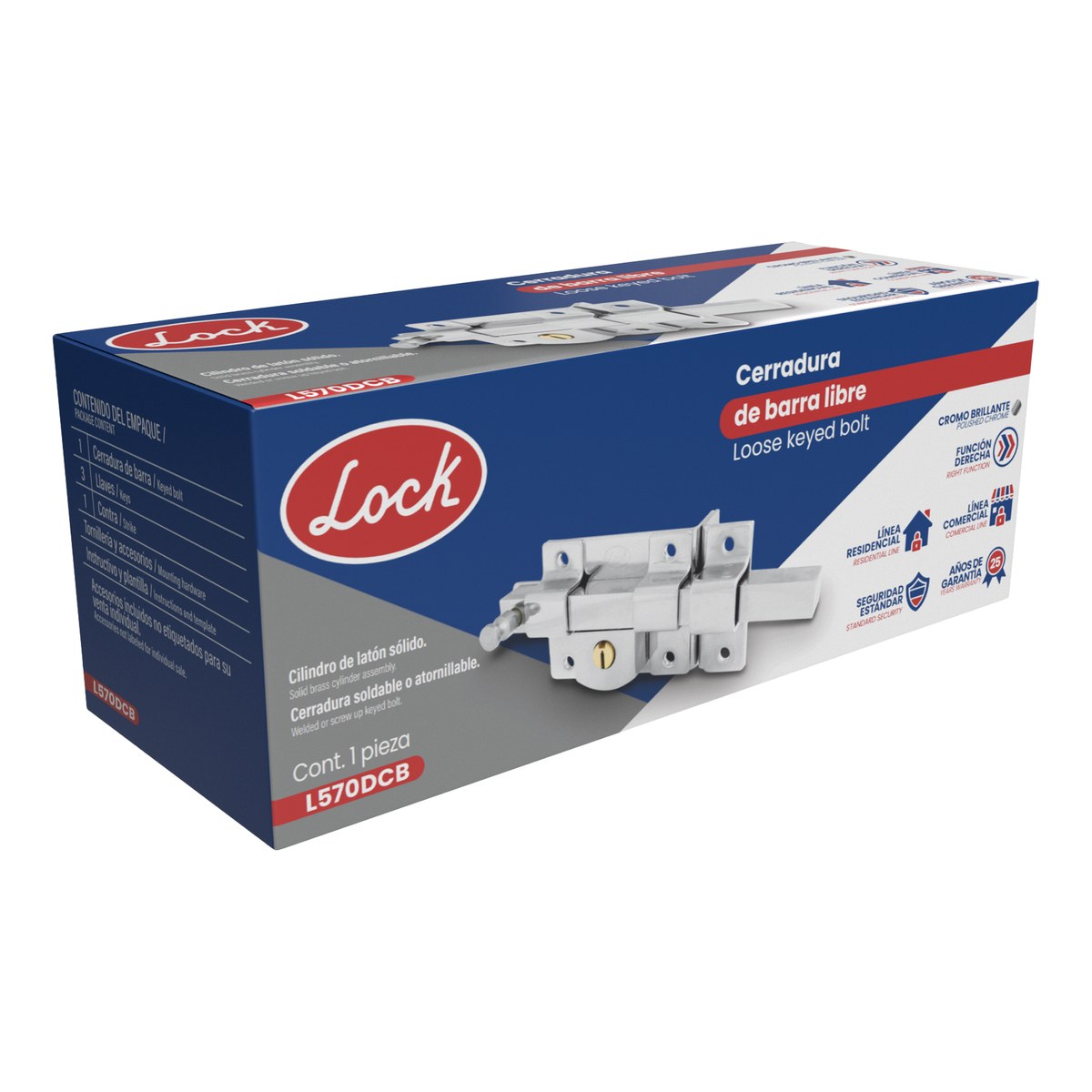 Cerradura de barra libre función derecha, cromo brillante, llave estándar, en caja Lock - Imagen 2