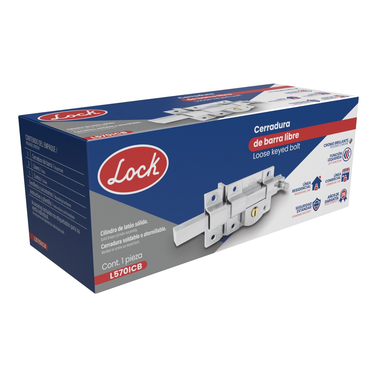 Cerradura de barra libre función izquierda, cromo brillante, llave estándar, en caja Lock - Imagen 2