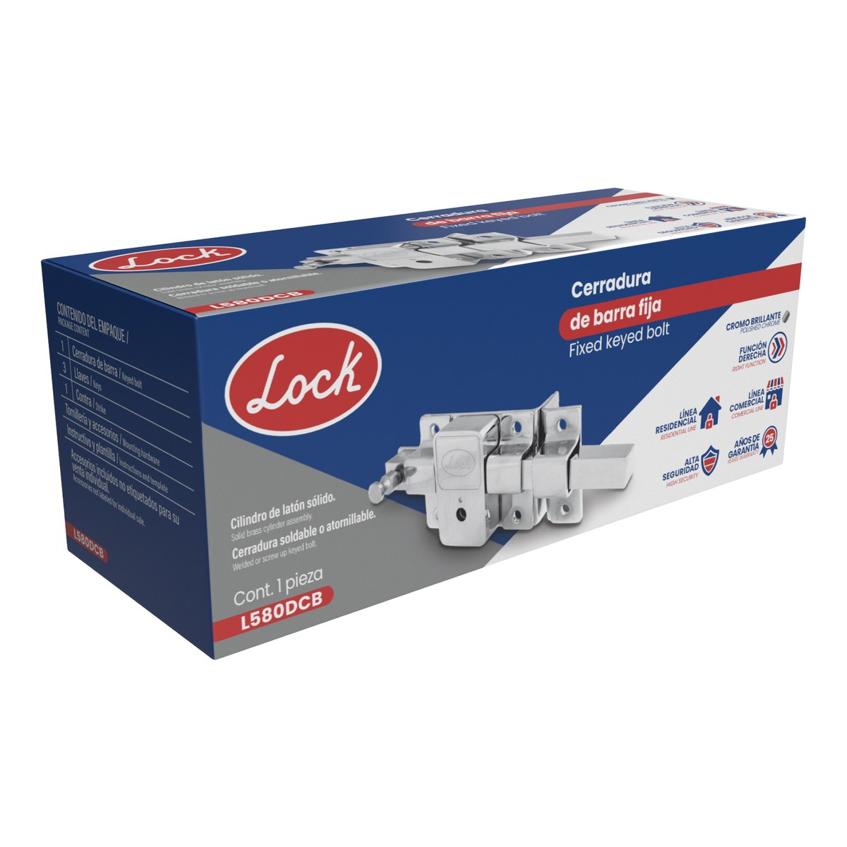 Cerradura de barra fija función derecha, cromo brillante, llave tetra, en caja Lock - Imagen 2