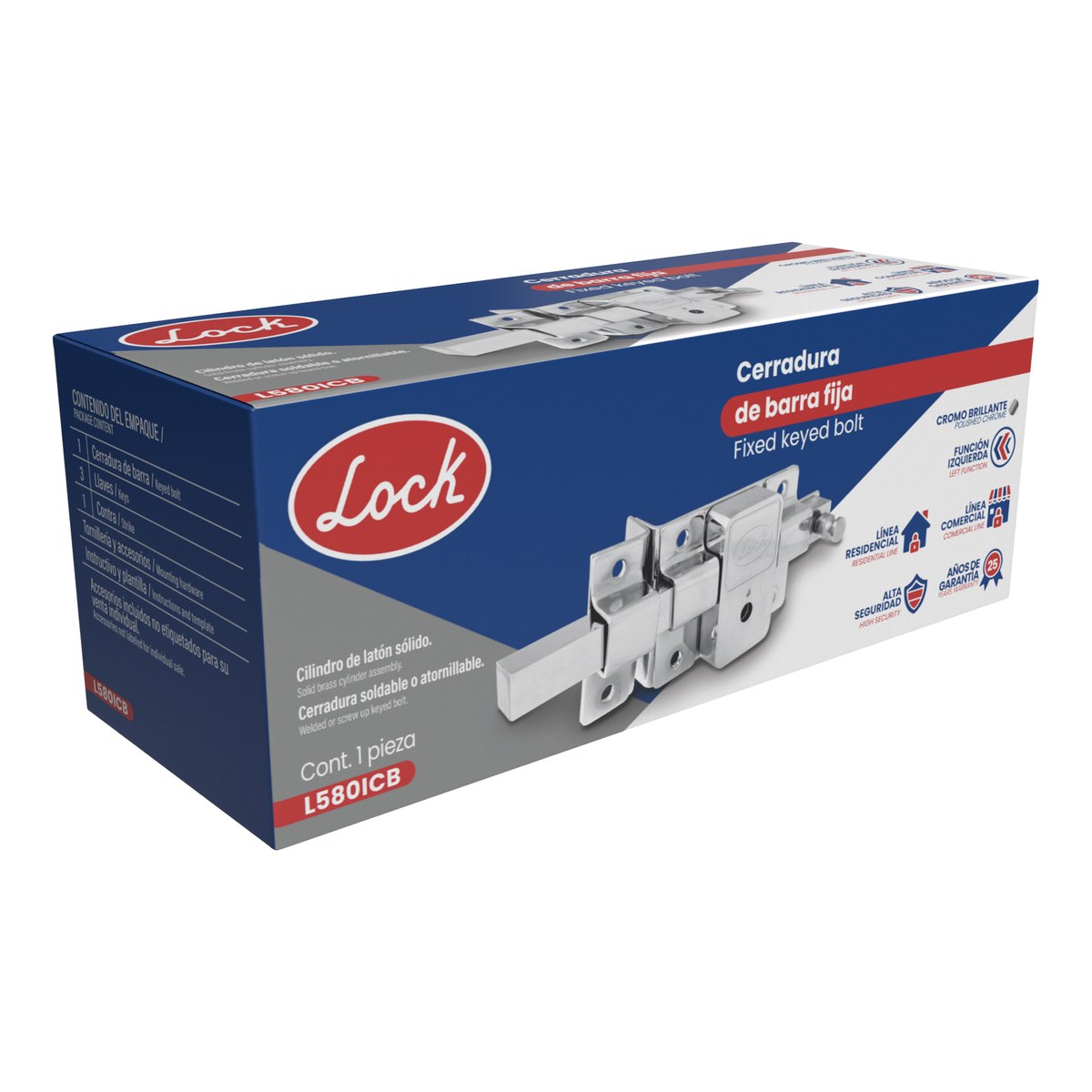 Cerradura de barra fija función izquierda, cromo brillante, llave tetra, en caja Lock - Imagen 2