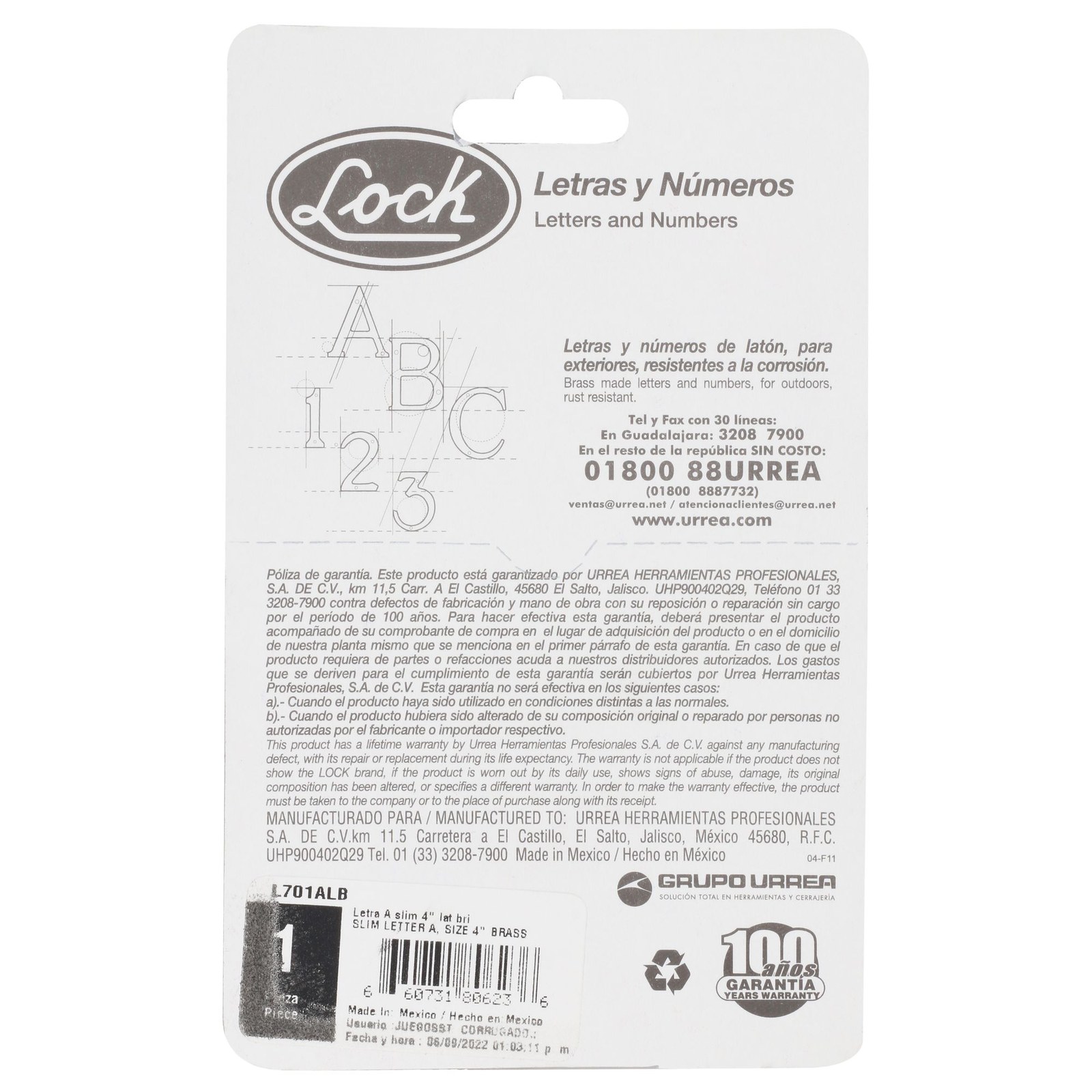 Letra A slim 4" latón brillante Lock - Imagen 3