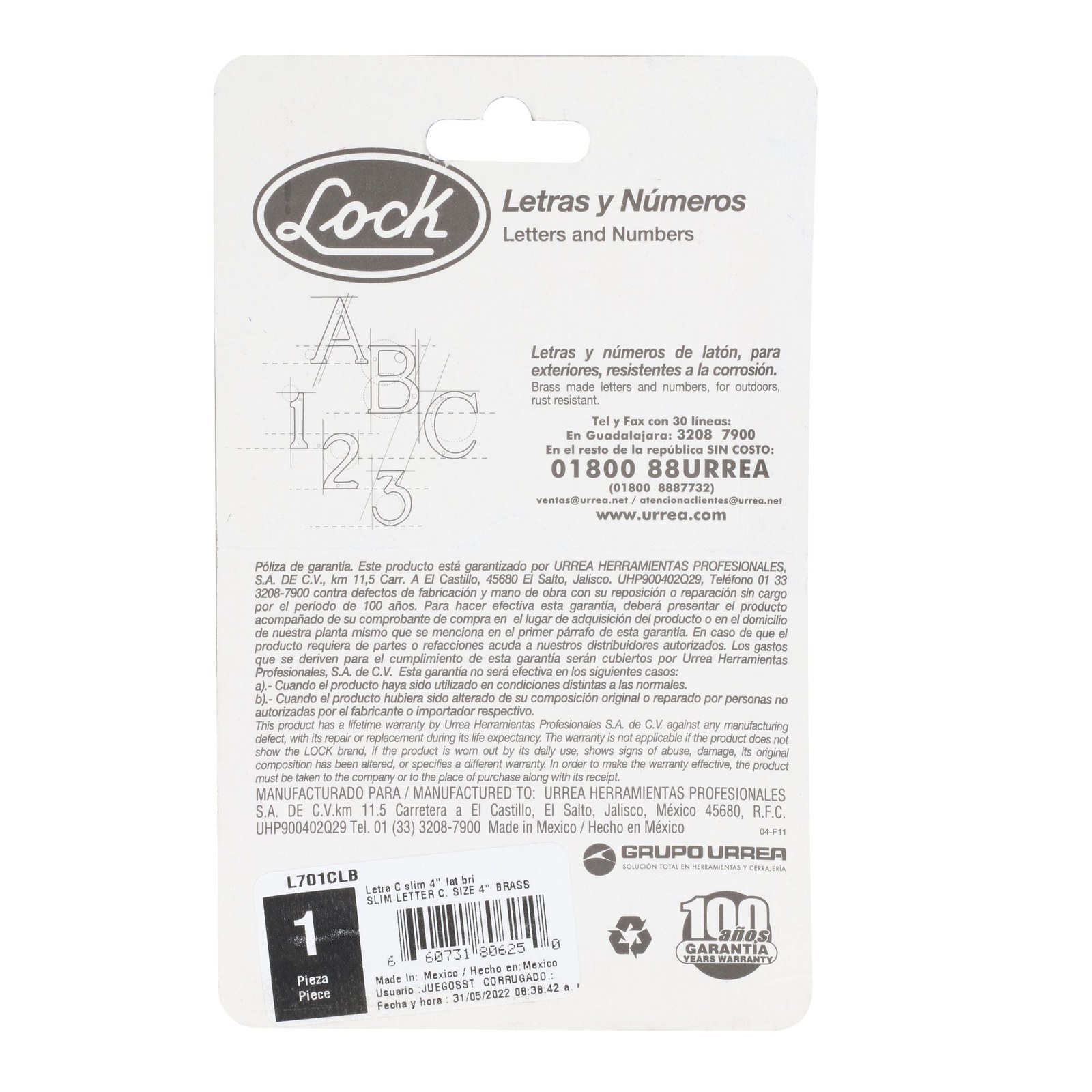 Letra C slim 4" latón brillante Lock - Imagen 3