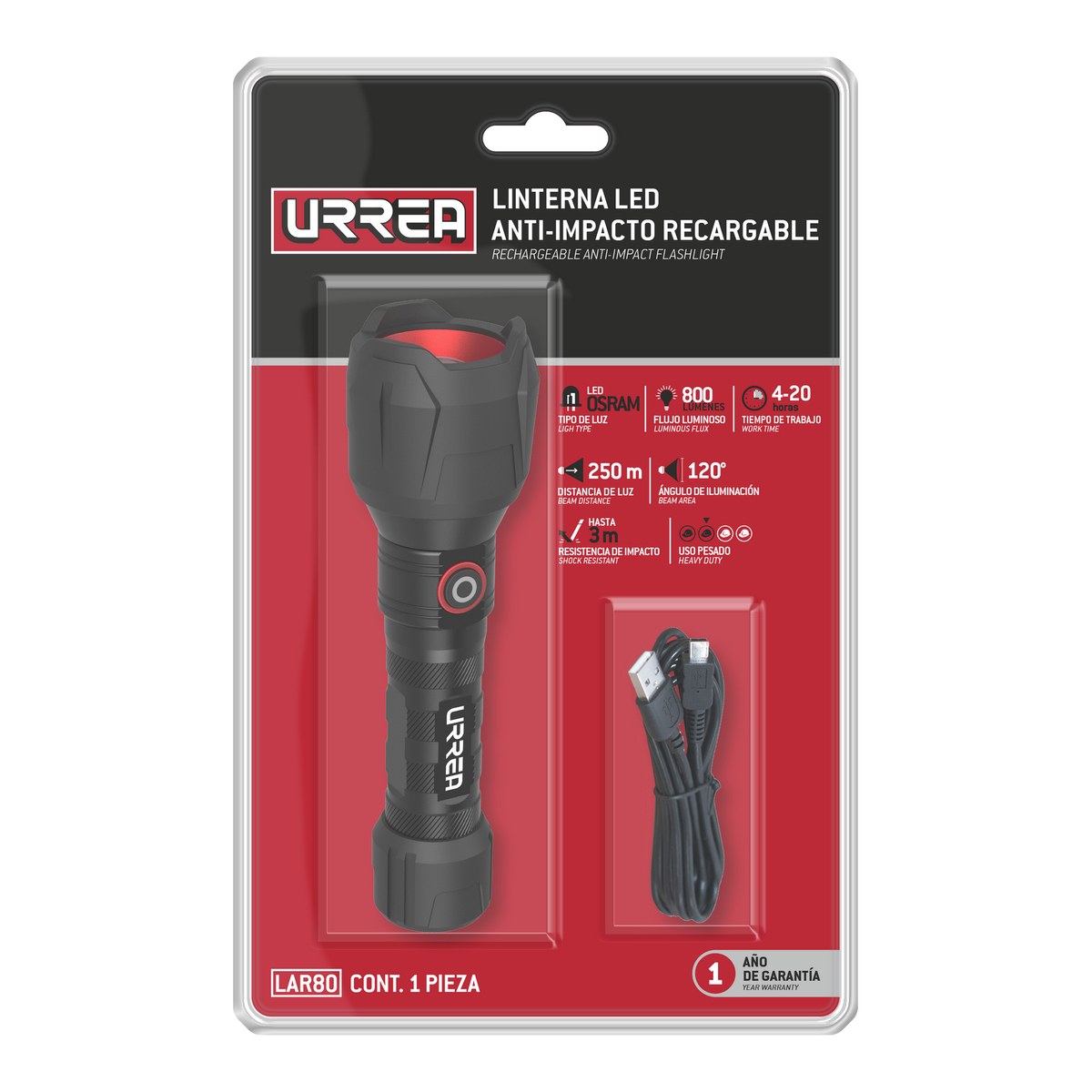Linterna de LED anti-impacto recargable de 800 lm Urrea - Imagen 2