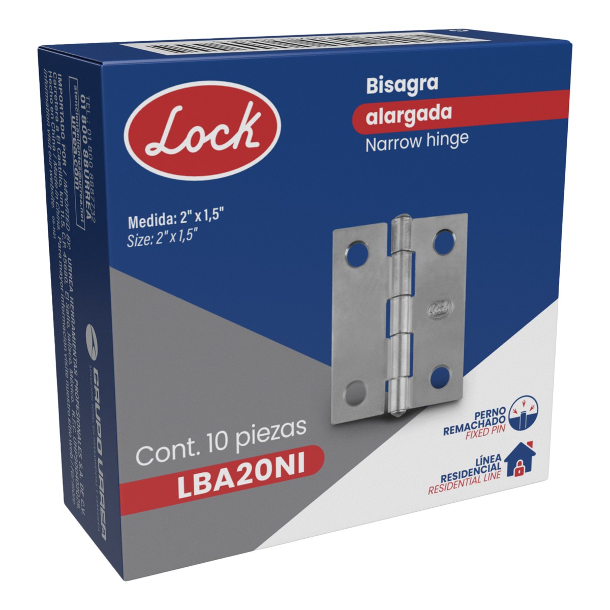 Bisagra alargada perno remachado de acero níquel satinado 2" x 1.61" Lock - Imagen 2