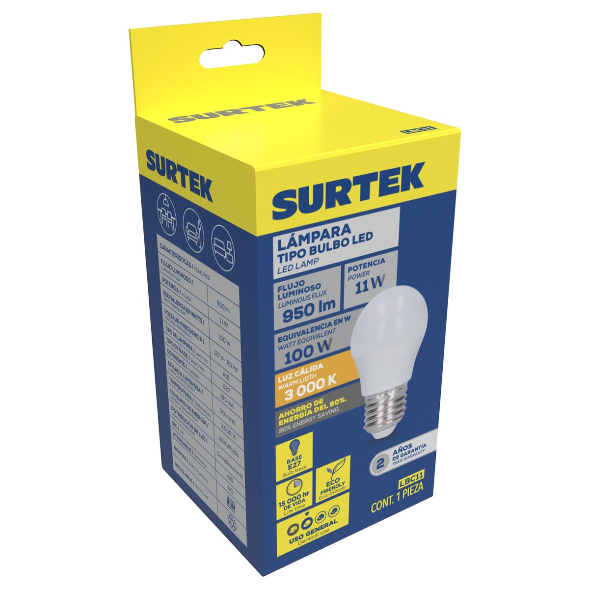 Lámpara de LED tipo bulbo A19, 11 W luz cálida Surtek - Imagen 2