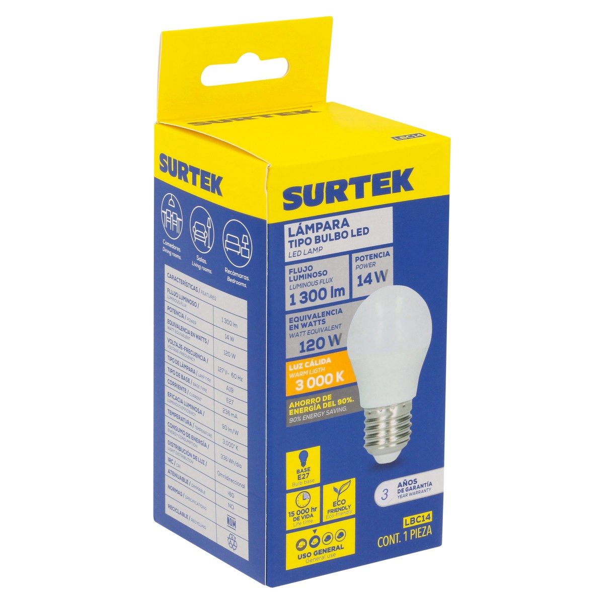 Lámpara de LED tipo bulbo A19, 14 W luz cálida Surtek - Imagen 2