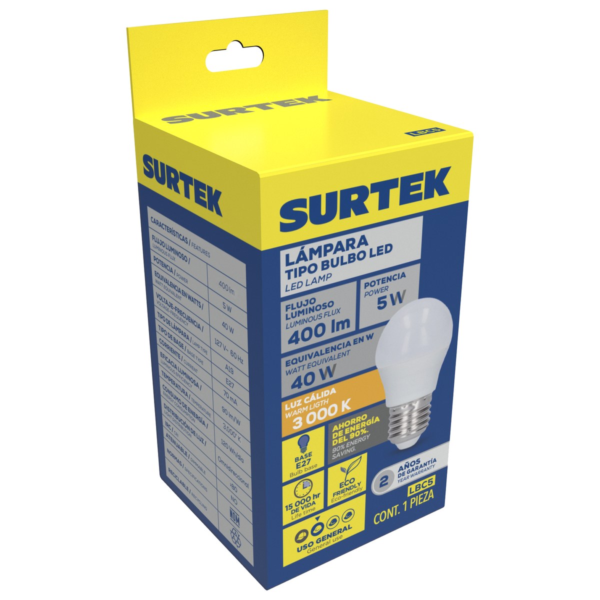 Lámpara de LED tipo bulbo A19, 5 W luz cálida Surtek - Imagen 2