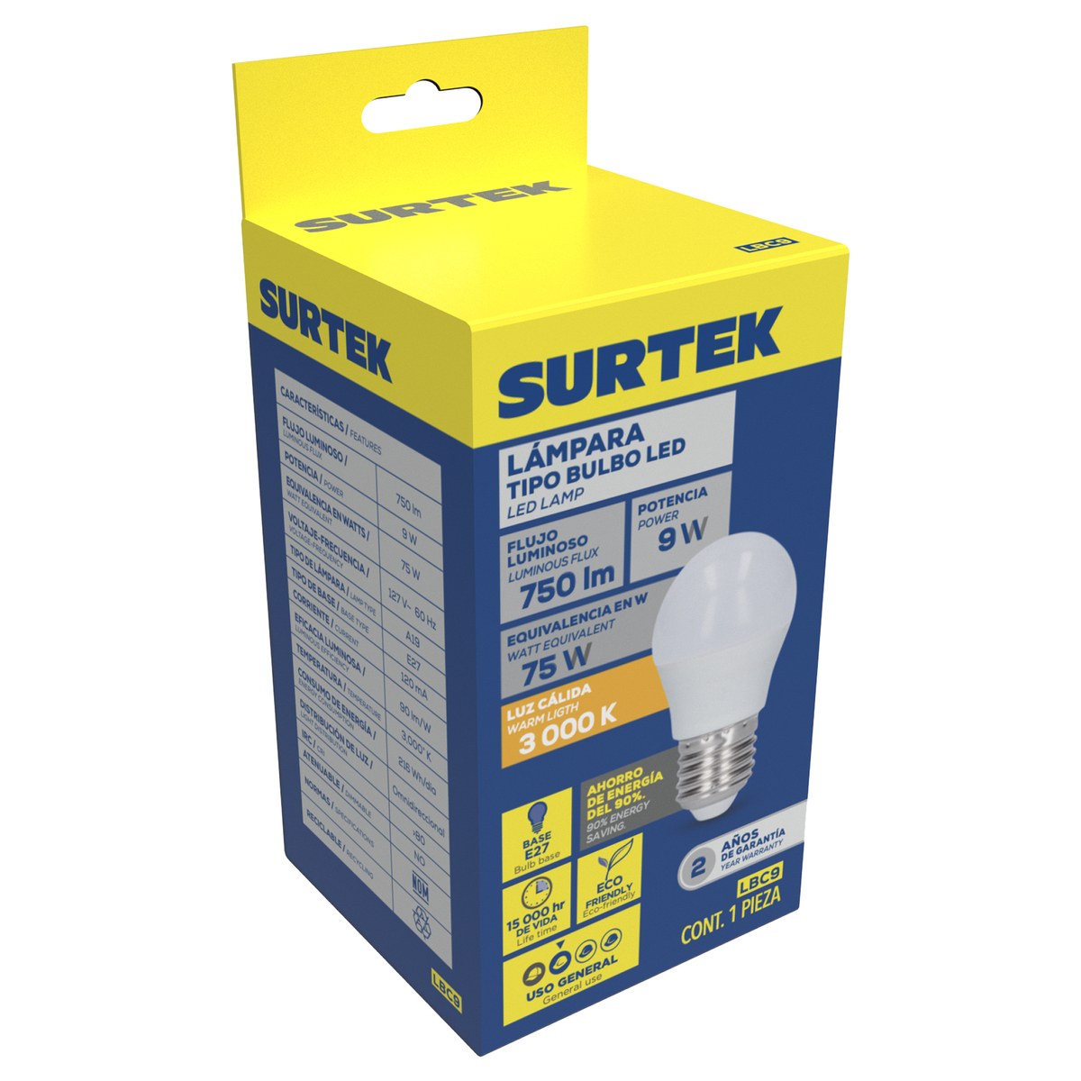 Lámpara de LED tipo bulbo A19, 9 W luz cálida Surtek - Imagen 2