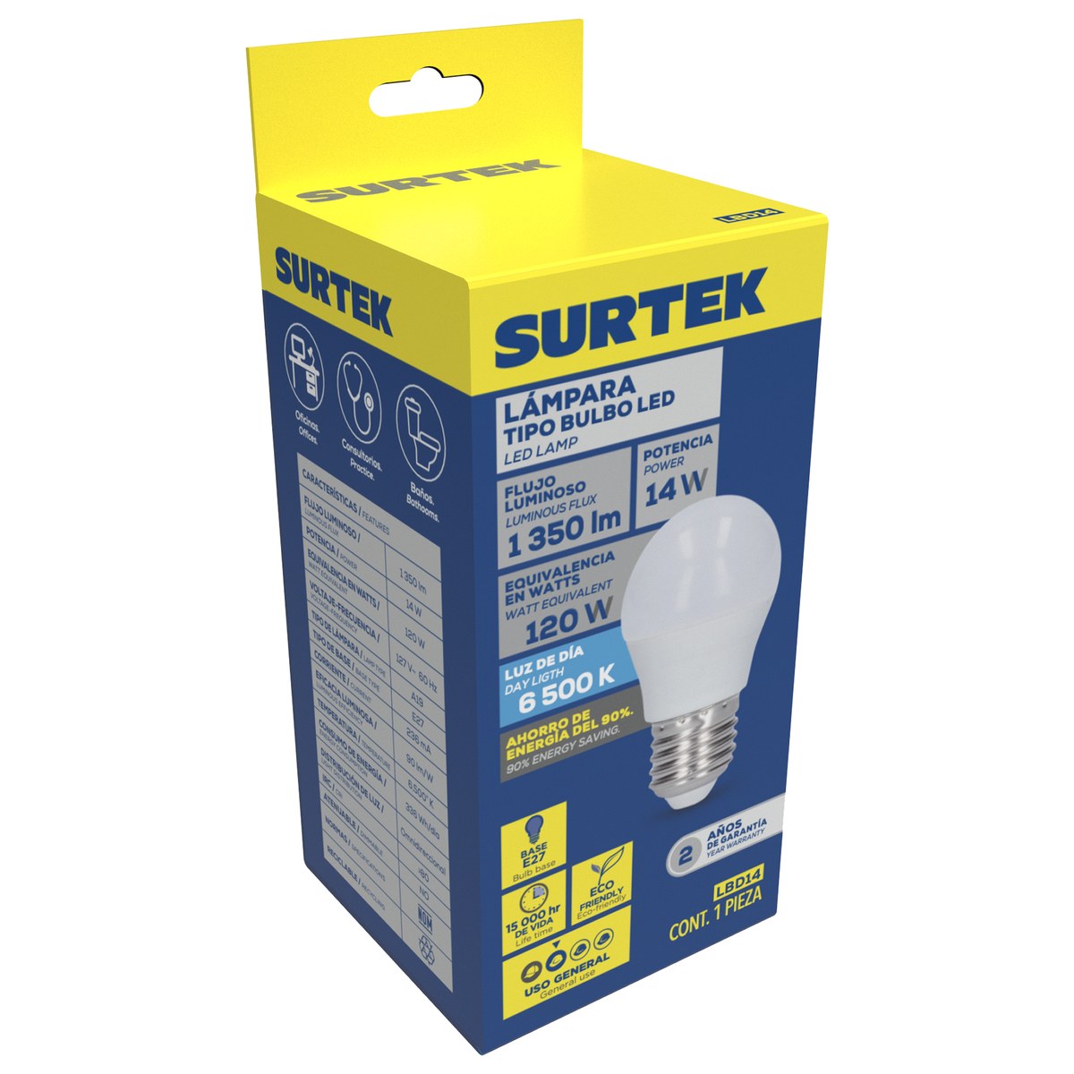 Lámpara de LED tipo bulbo A19, 14 W luz de día Surtek - Imagen 2