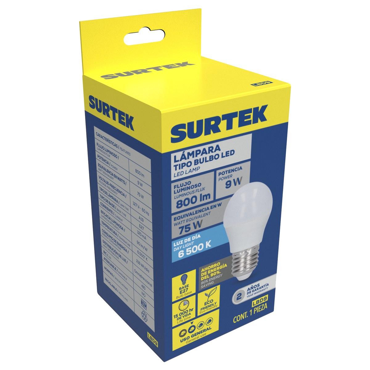 Lámpara de LED tipo bulbo A19, 9 W luz de día Surtek - Imagen 2