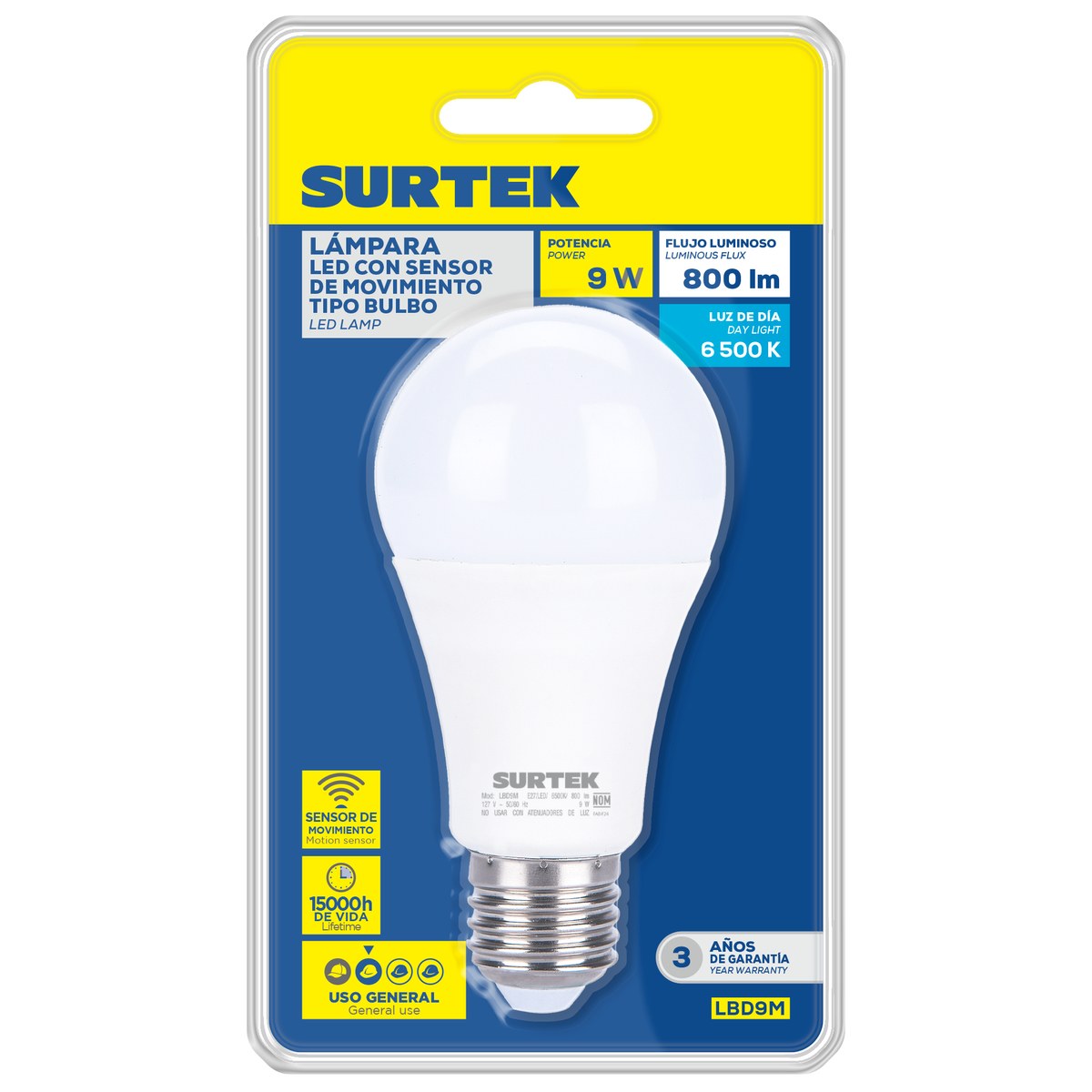 Lámpara de LED tipo bulbo A19, 9 W luz de día con sensor de movimiento Surtek - Imagen 2