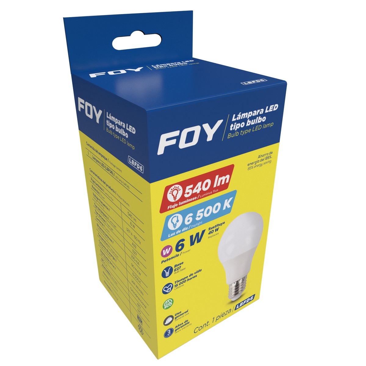 Lámpara de LED tipo bulbo A19, 6 W luz de día Foy - Imagen 2