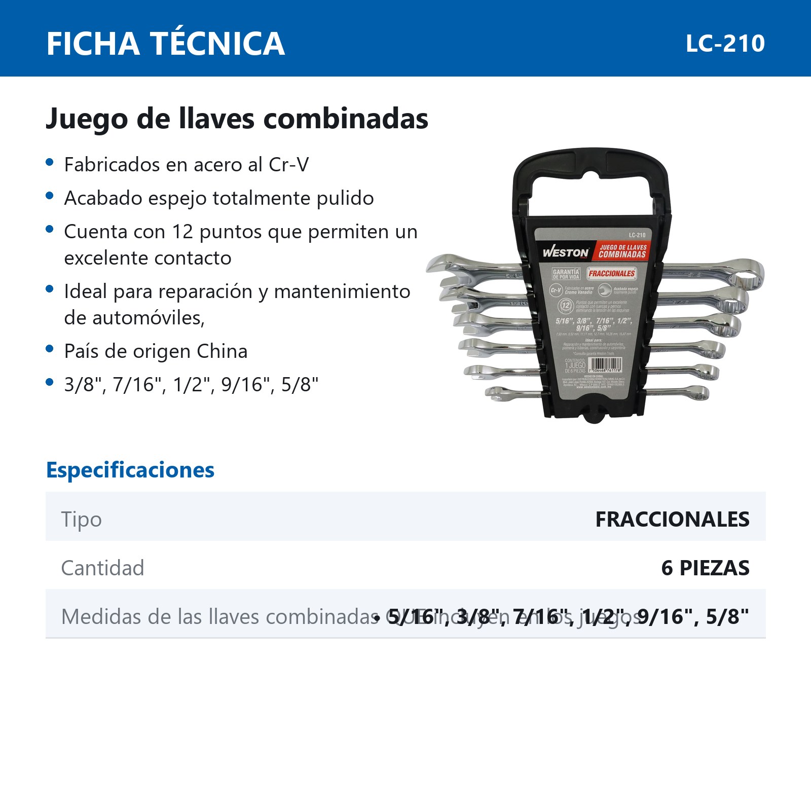 JUEGO DE LLAVES COMBINADAS CrV PULIDO ESPEJO FRACCIONALES 6 PZS 5/16" - 5/8" - Imagen 4