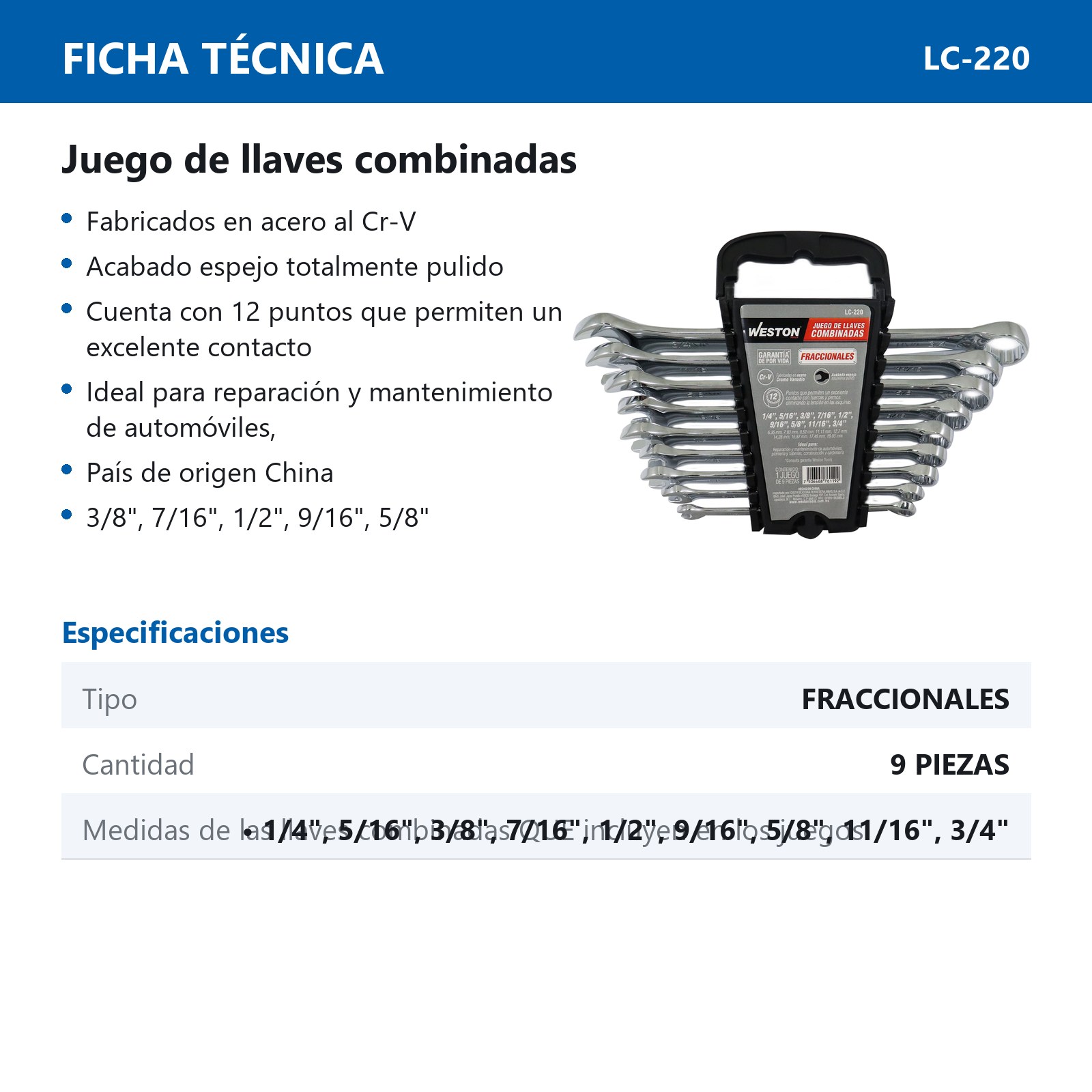 JUEGO DE LLAVES COMBINADAS CrV PULIDO ESPEJO FRACCIONALES 9 PZS 1/4" - 3/4" - Imagen 4