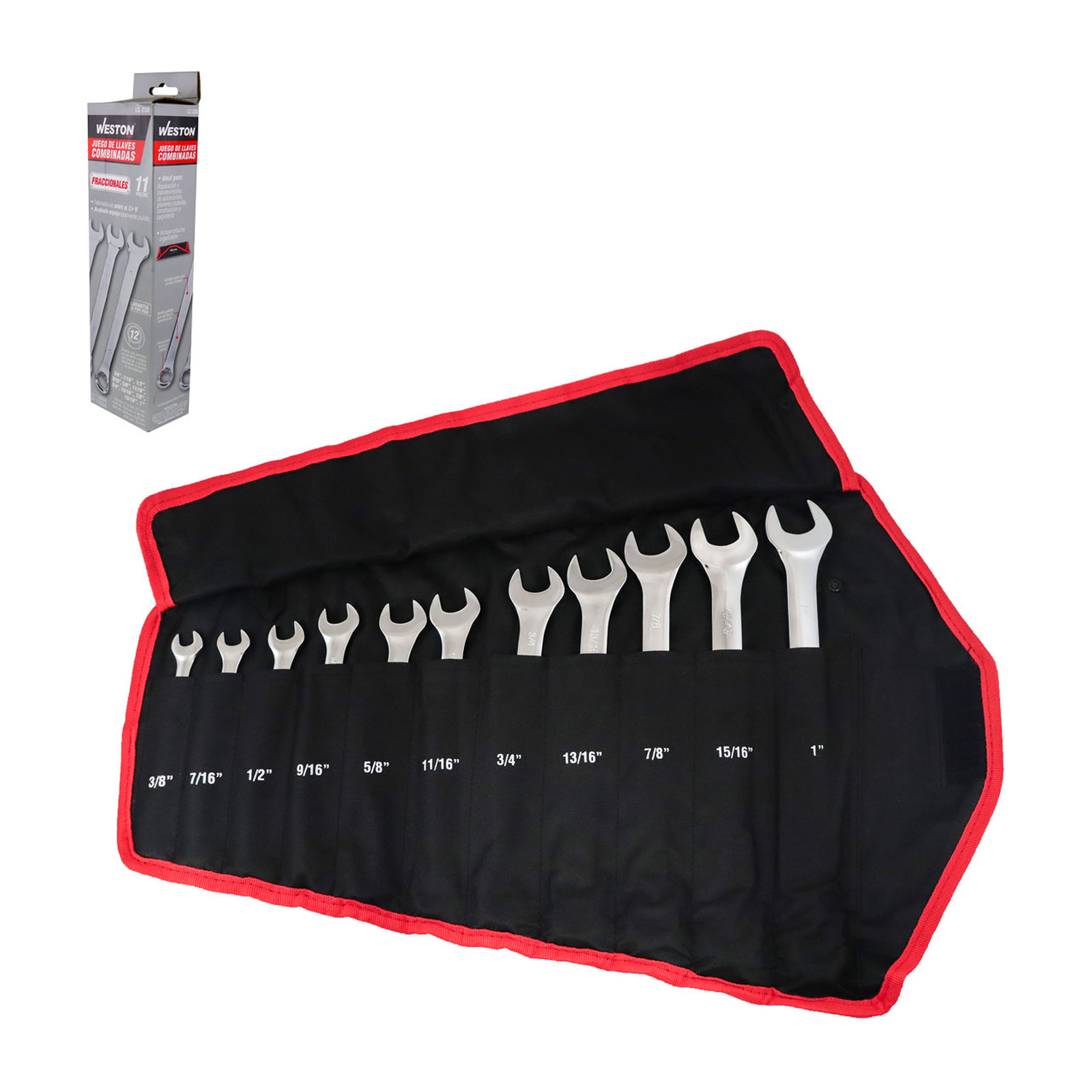 Juego de Llaves Combinadas WESTON CrV Pulido Espejo Fraccionales 3/8" - 1" 11 Piezas