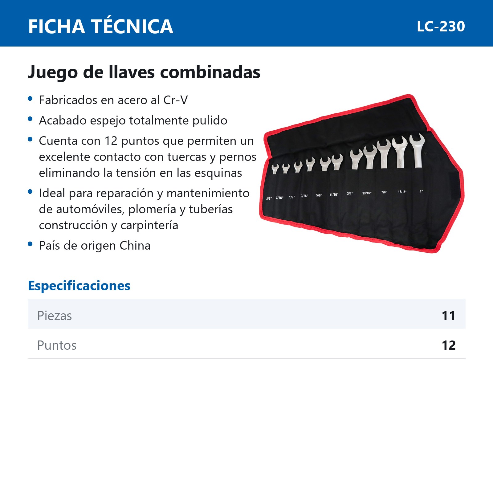 JUEGO DE LLAVES COMBINADAS CrV PULIDO ESPEJO FRACCIONALES 11 PZS 3/8" - 1" - Imagen 4