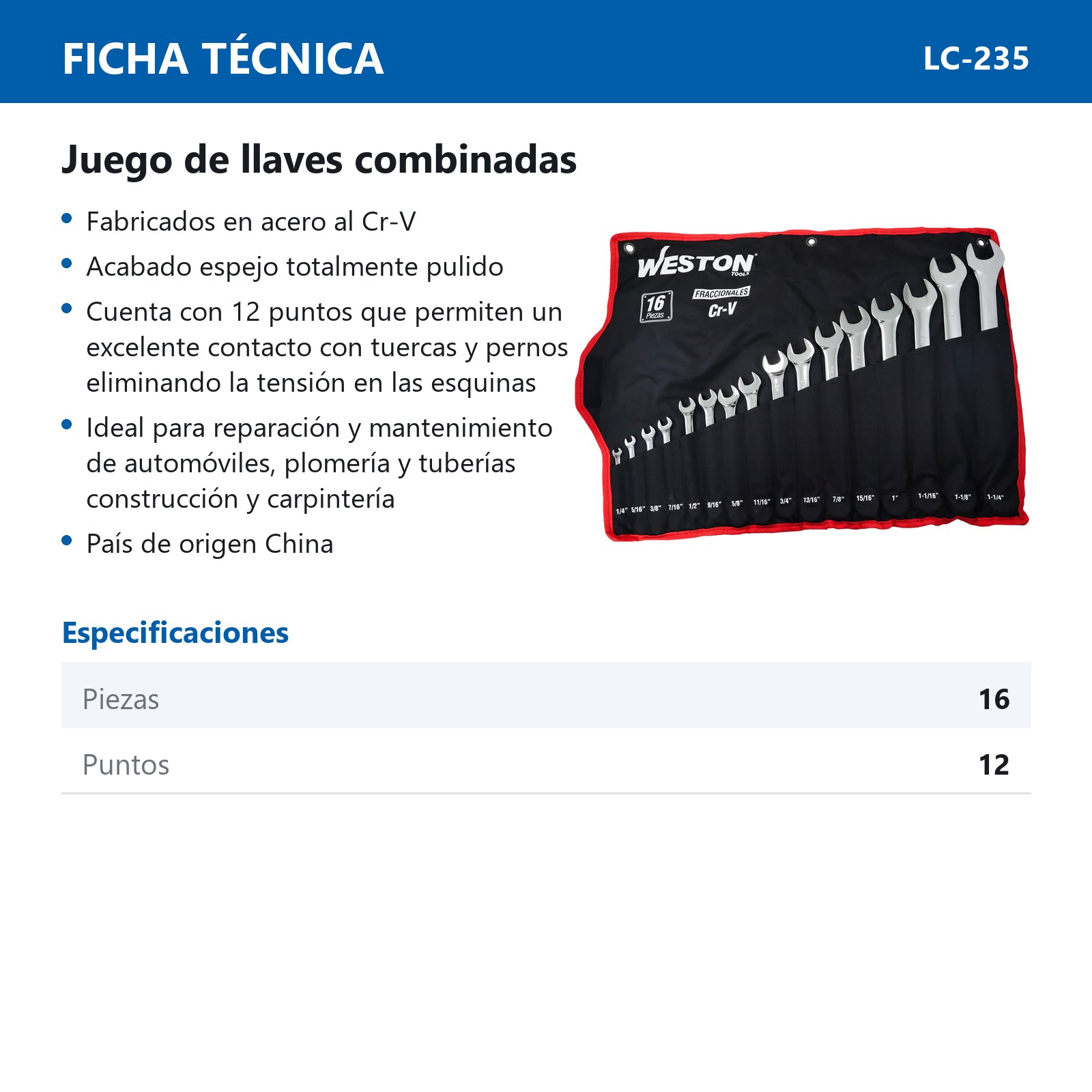 JUEGO DE LLAVES COMBINADAS CrV PULIDO ESPEJO FRACCIONALES 16 PZS 1/4" - 1-1/4" - Imagen 4