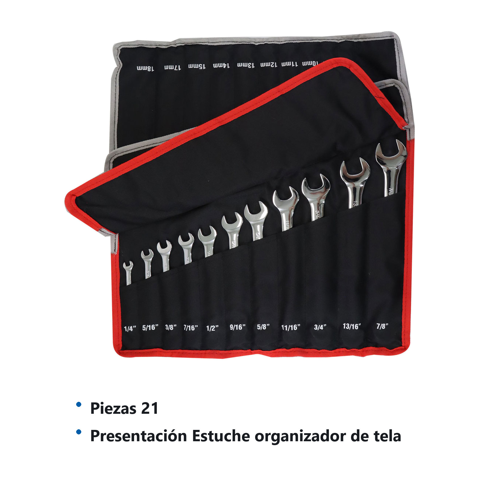 JUEGO DE LLAVES COMBINADAS CrV PULIDO ESPEJO FRACCIONALES & METRICAS 21 PZS 1/4" - 7/8" & 8MM - 18MM - Imagen 4