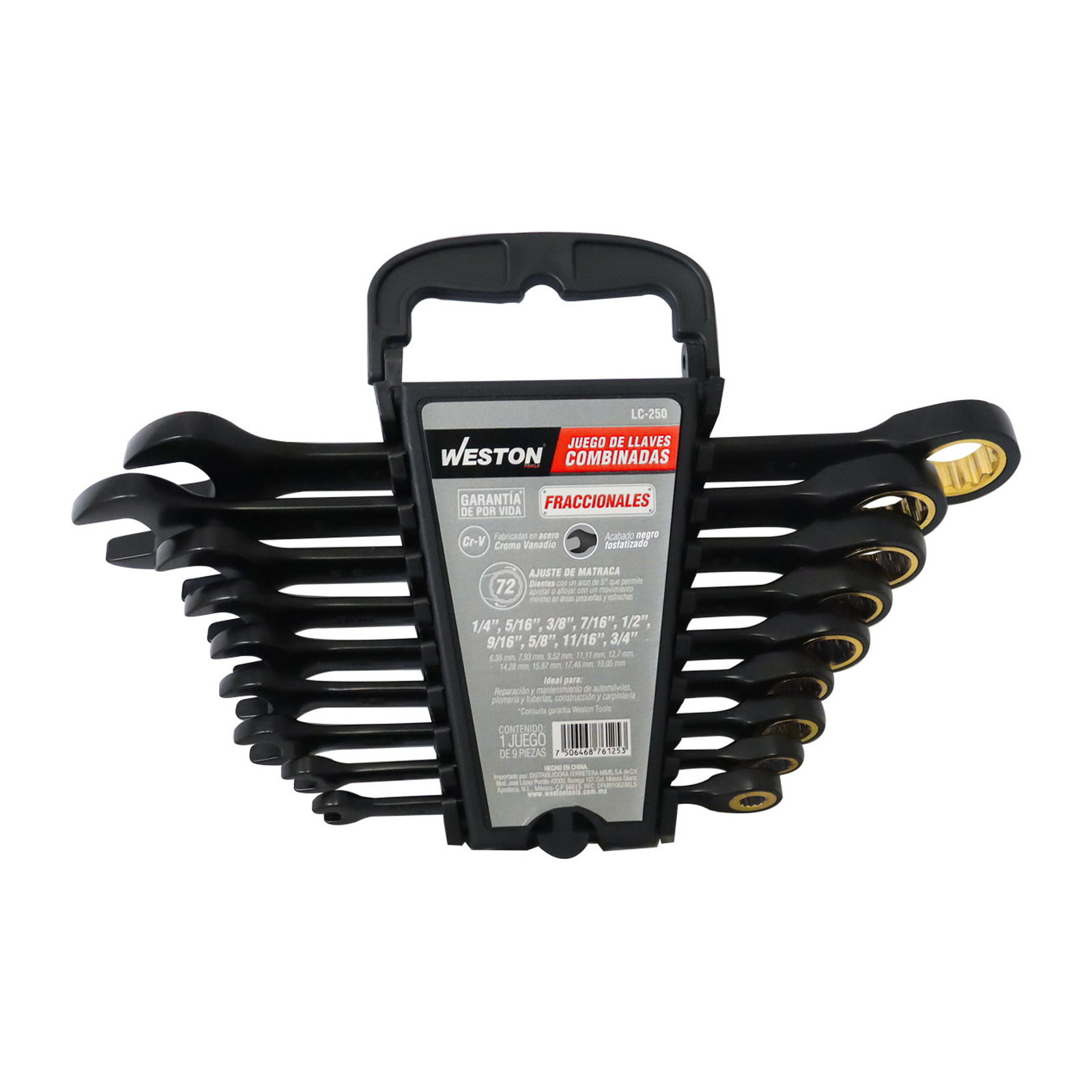 Juego de Llaves Combinadas con Matraca Weston CrV Fosfatizada Fraccionales 1/4" a 3/4" - 9 Piezas