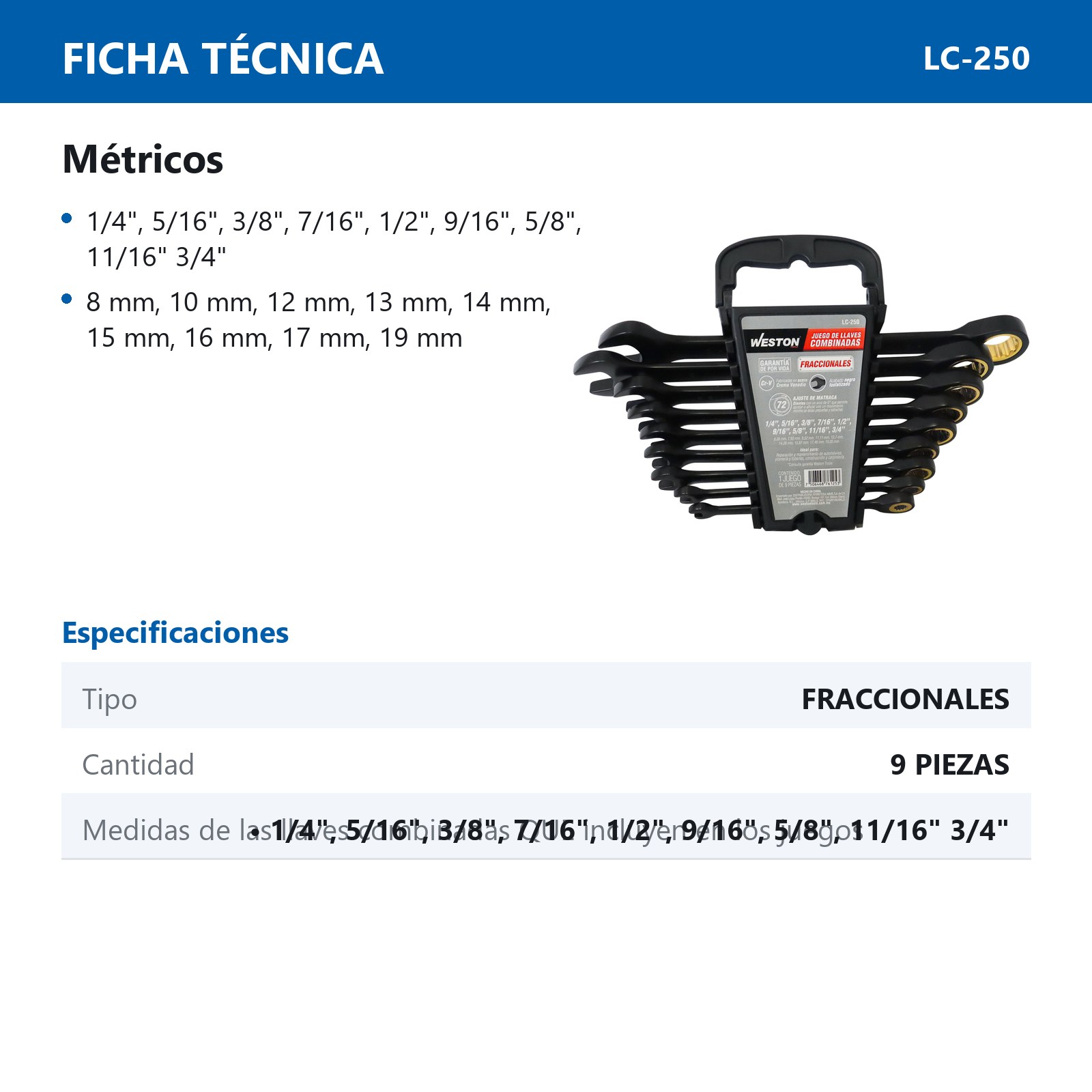 JUEGO DE LLAVES COMBINADAS CON MATRACA CrV FOSFATIZADA FRACCIONALES 9 PZS 1/4" - 3/4" - Imagen 3
