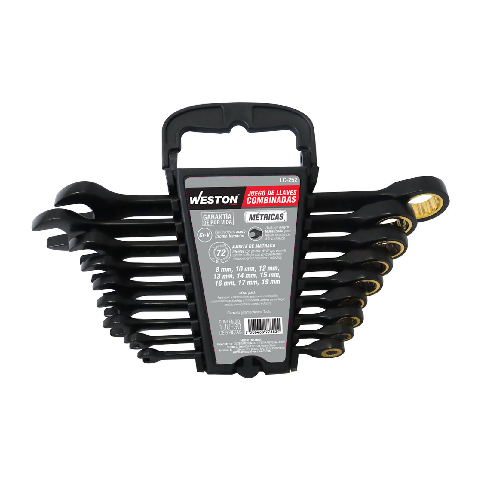 JGO D/LLAVES COMBINADAS C/MATRACA 9 PZS 8MM A 19MM FOSFATIZADA CrV