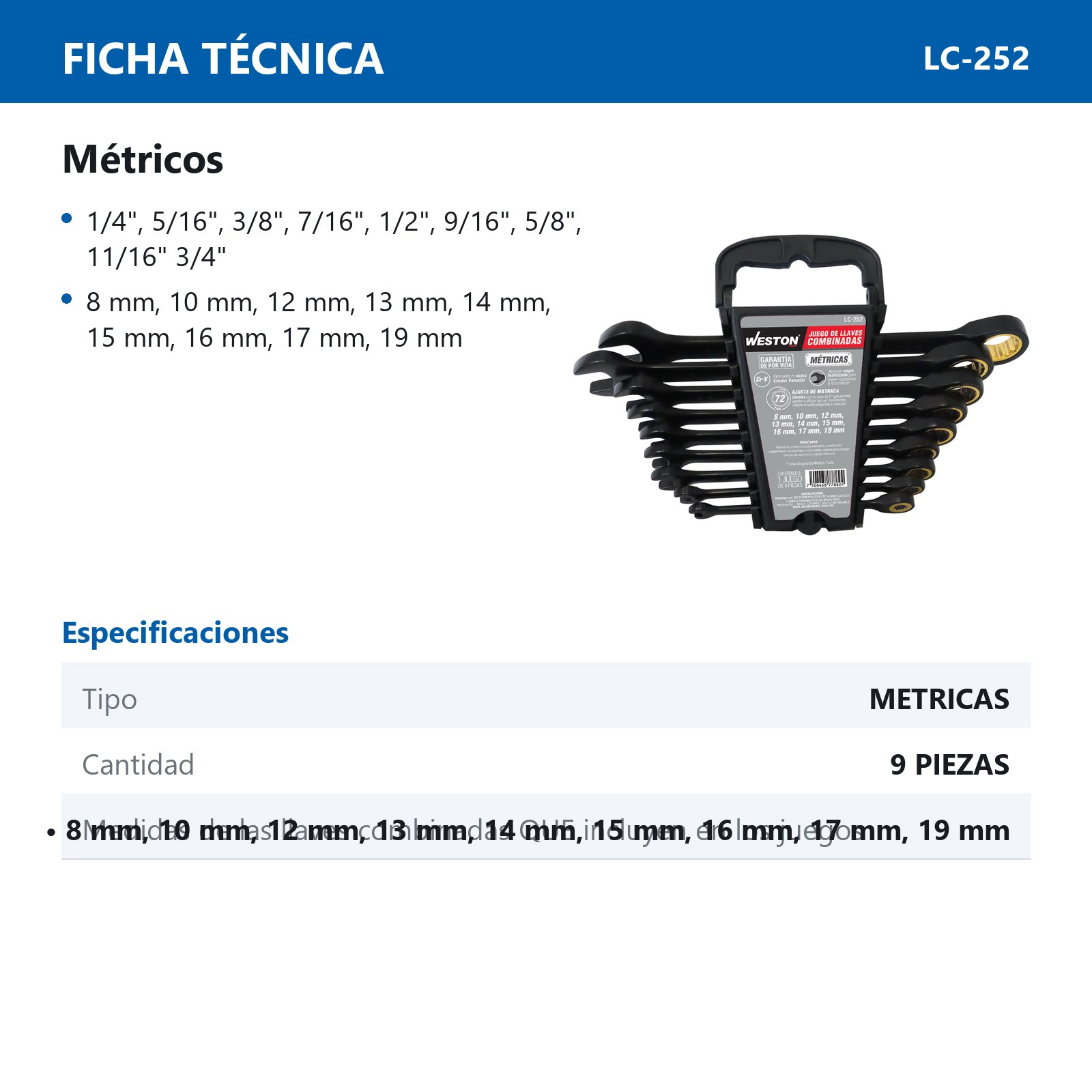 JGO D/LLAVES COMBINADAS C/MATRACA 9 PZS 8MM A 19MM FOSFATIZADA CrV - Imagen 3
