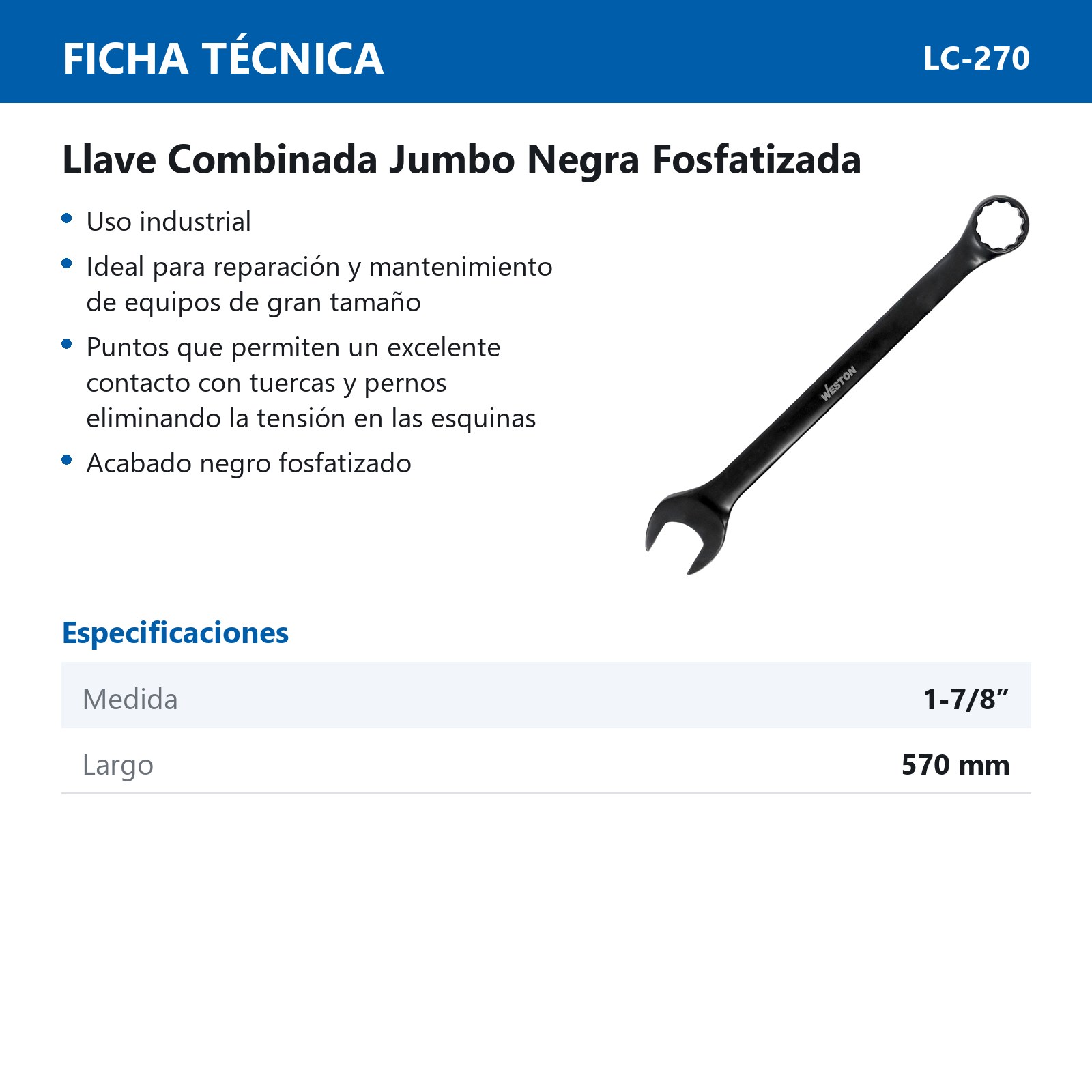 LLAVE COMBINADA JUMBO CrV FOSFATIZADA FRACCIONAL 1-7/8" - Imagen 3