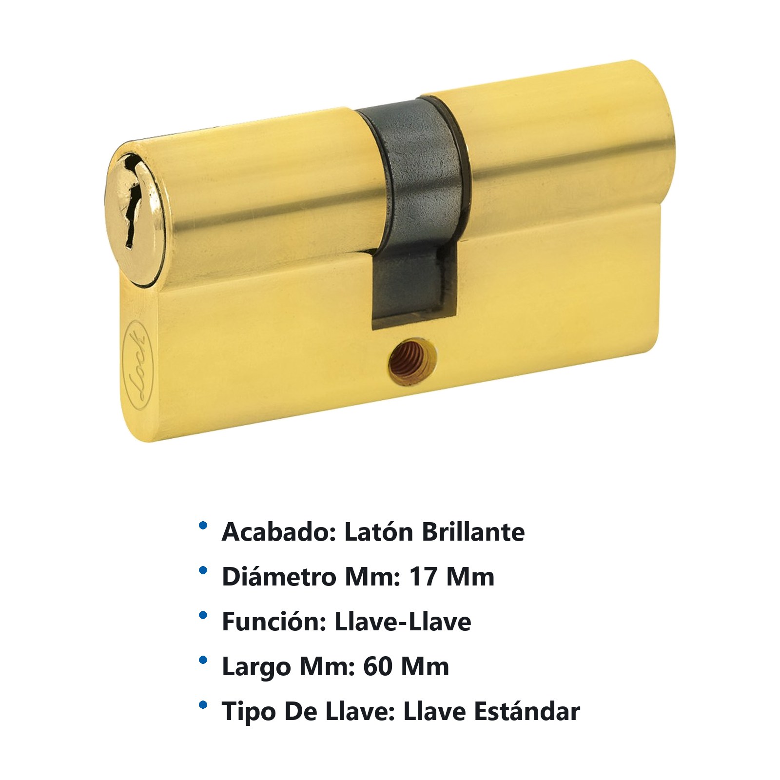 Cilindro europeo 60 mm función doble, latón brillante, llave estándar, en caja Lock - Imagen 2